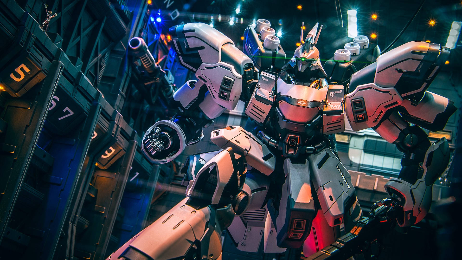 Mobile Suit Gundam, white and black mech, dimly lit industrial hangar, Full HD Desktop Wallpaper