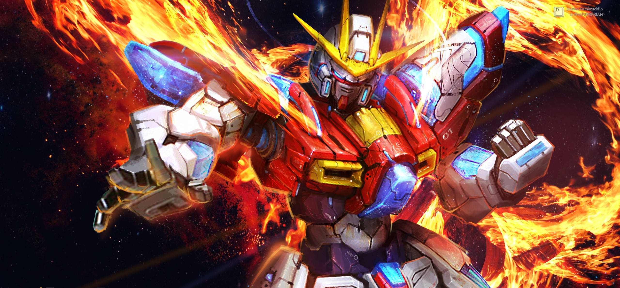 Mobile suit gundam, red and blue Gundam mech, swirling flames, 2K Desktop Wallpaper