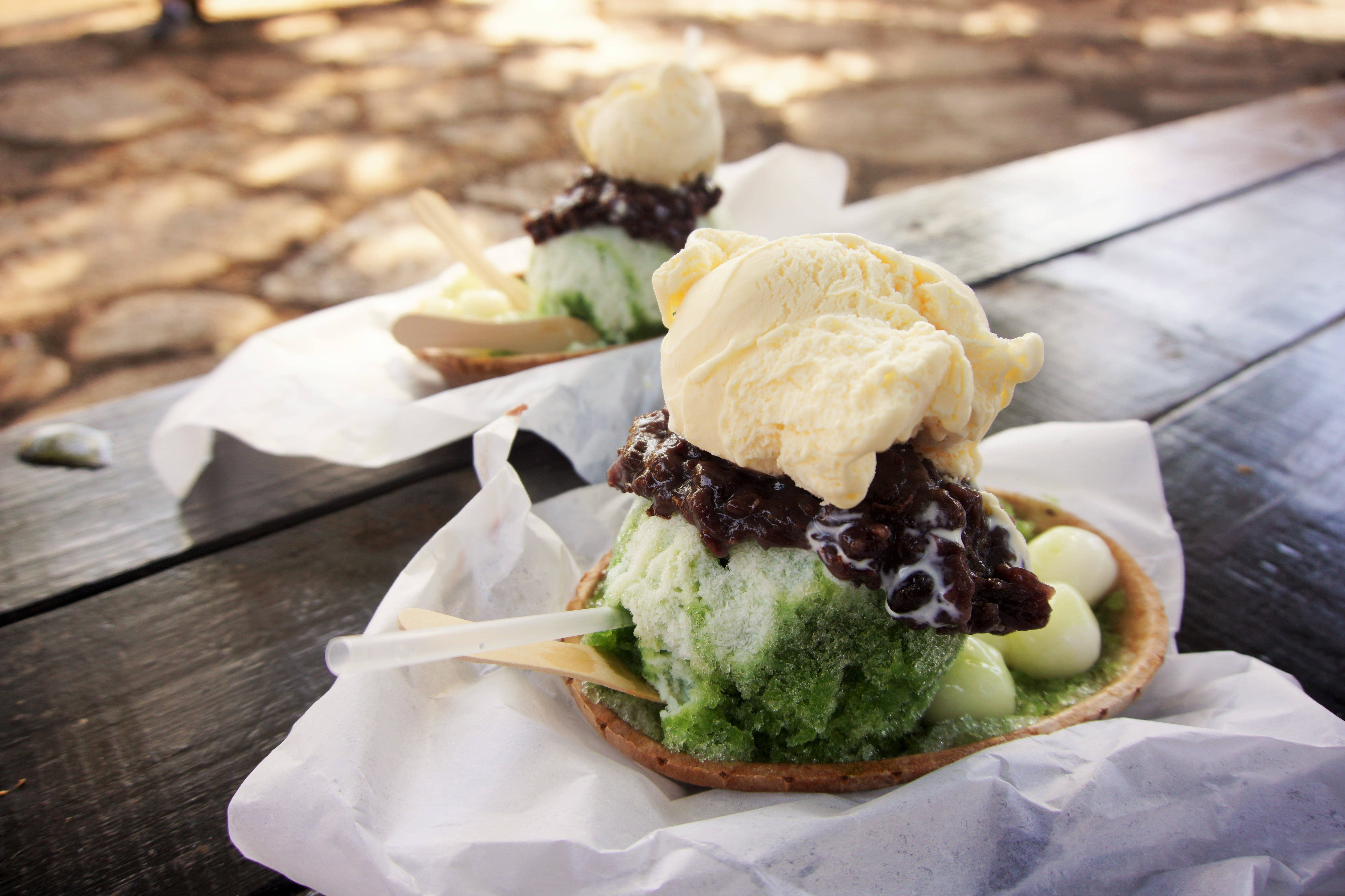mochi ice cream dessert, vibrant green shaved ice, creamy vanilla ice cream, 5K Desktop Wallpaper