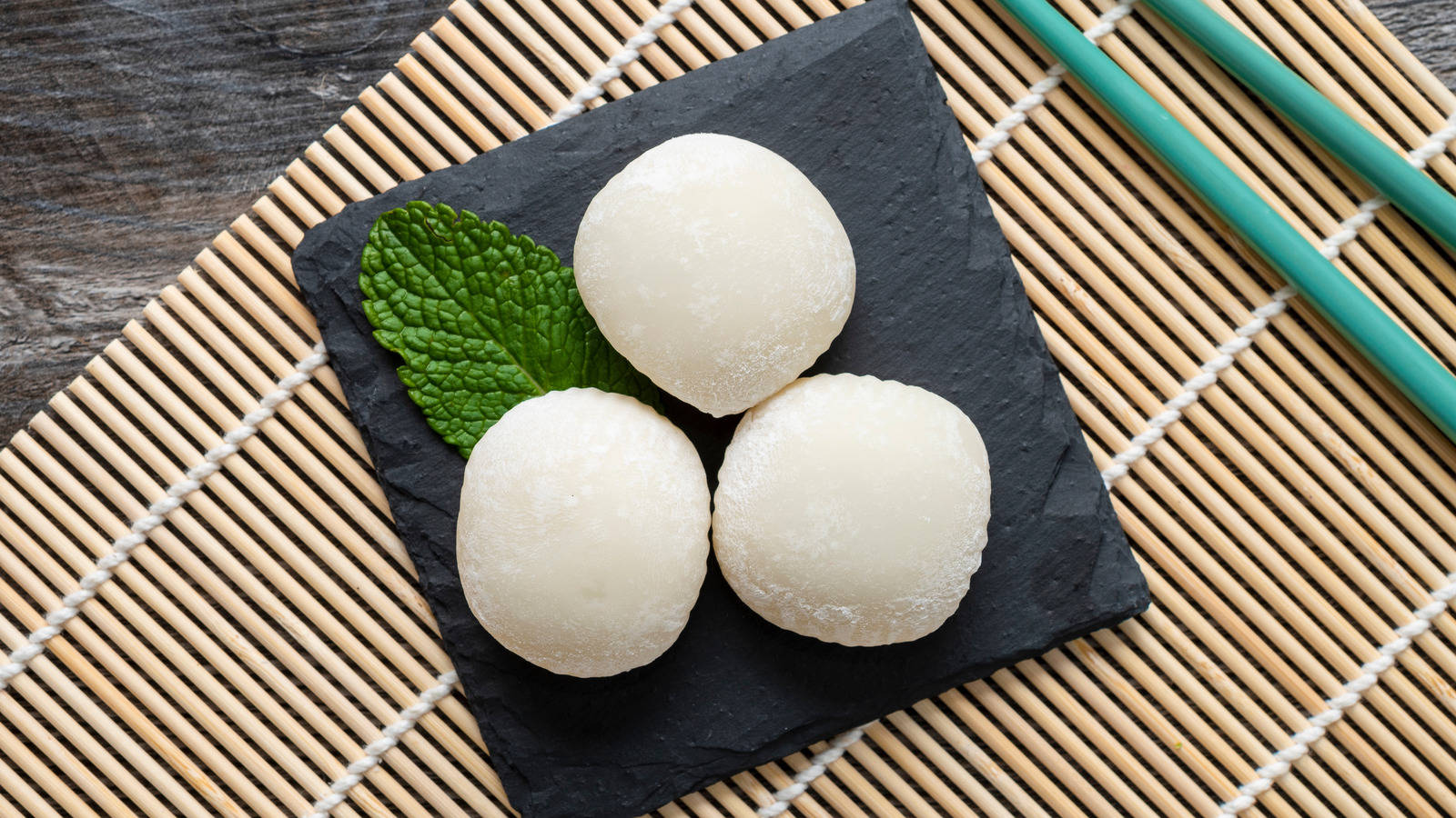 white mochi, dark slate plate, mint leaf, HD Desktop Wallpaper