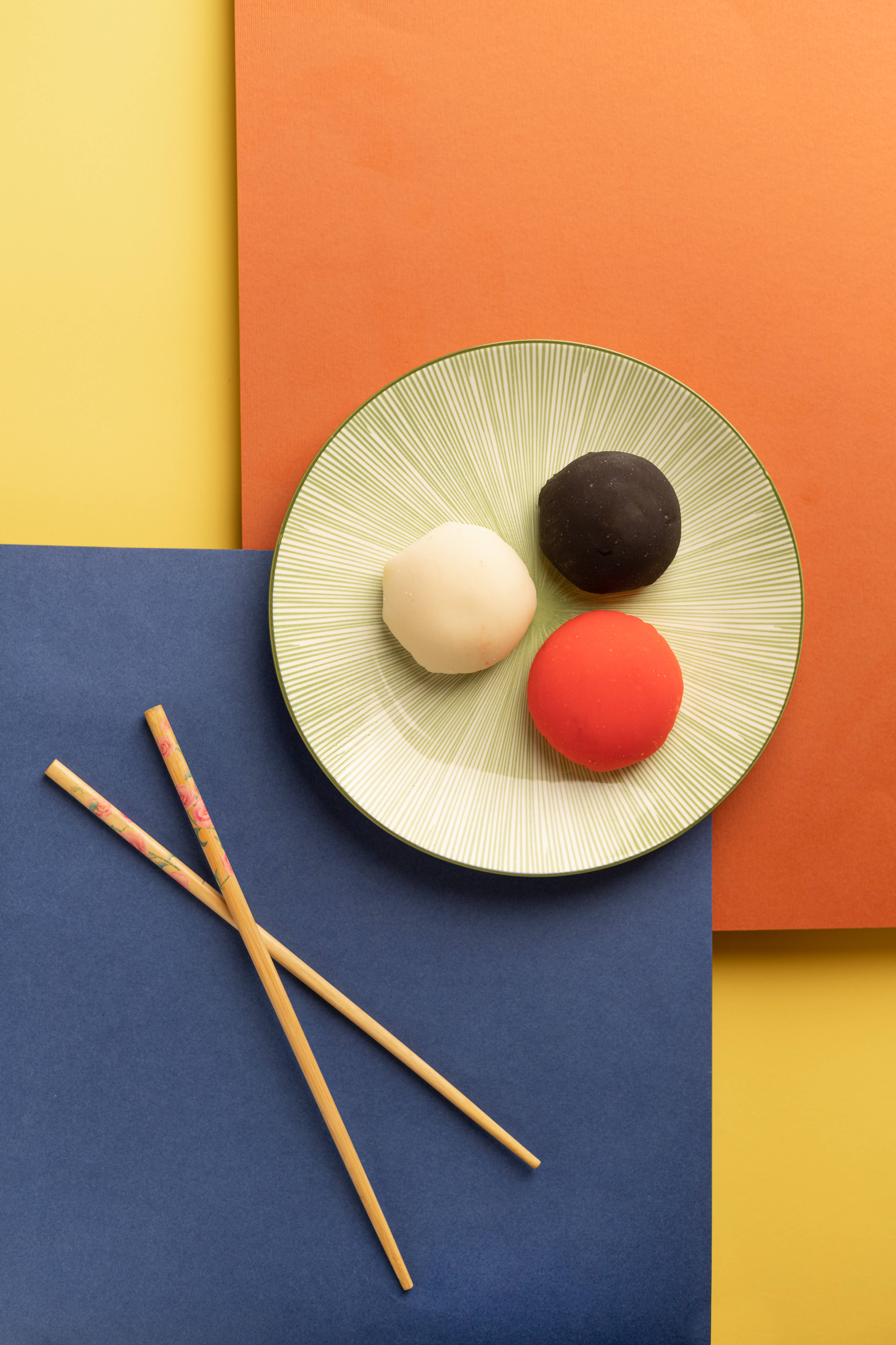 modern mochi spread, green plate, chopsticks, 5K Phone Wallpaper