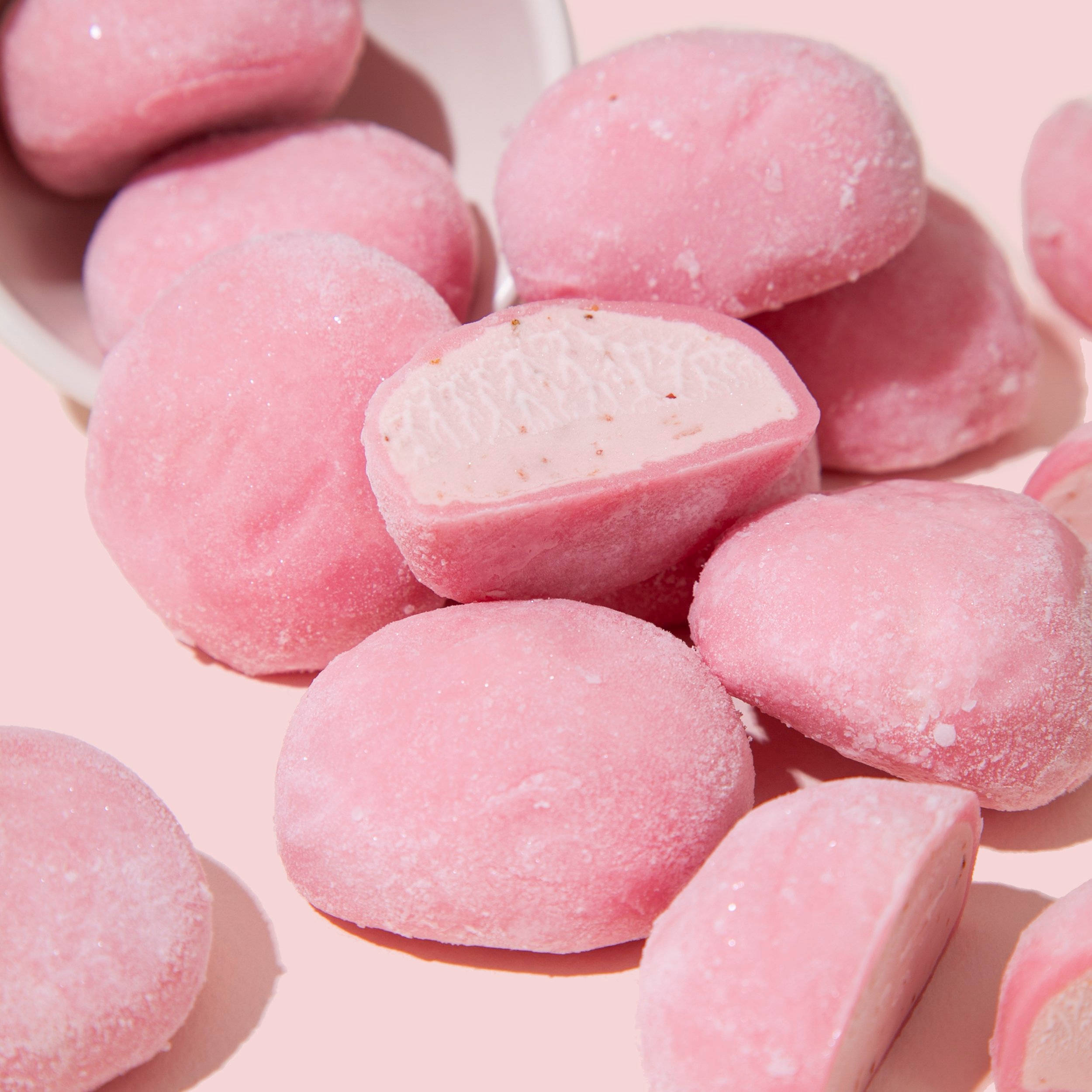 strawberry pink mochi, soft pink mochi balls, powdered sugar coating, Full HD Desktop Wallpaper
