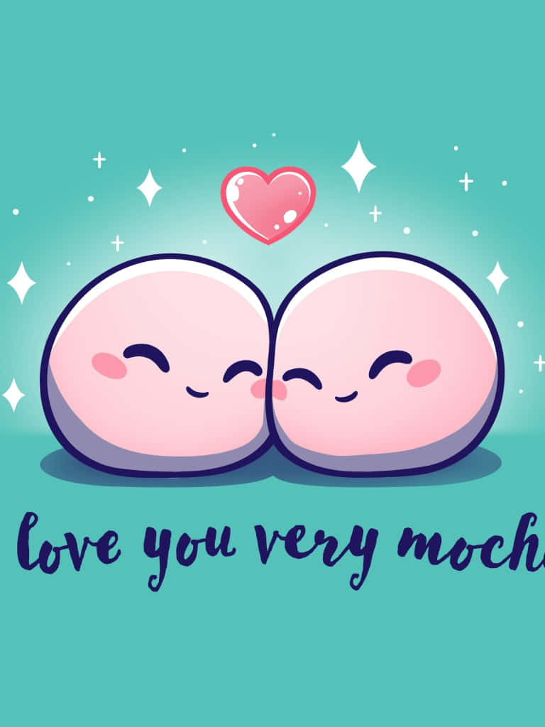 pink kawaii mochi characters, floating heart, teal background, SD Phone Wallpaper