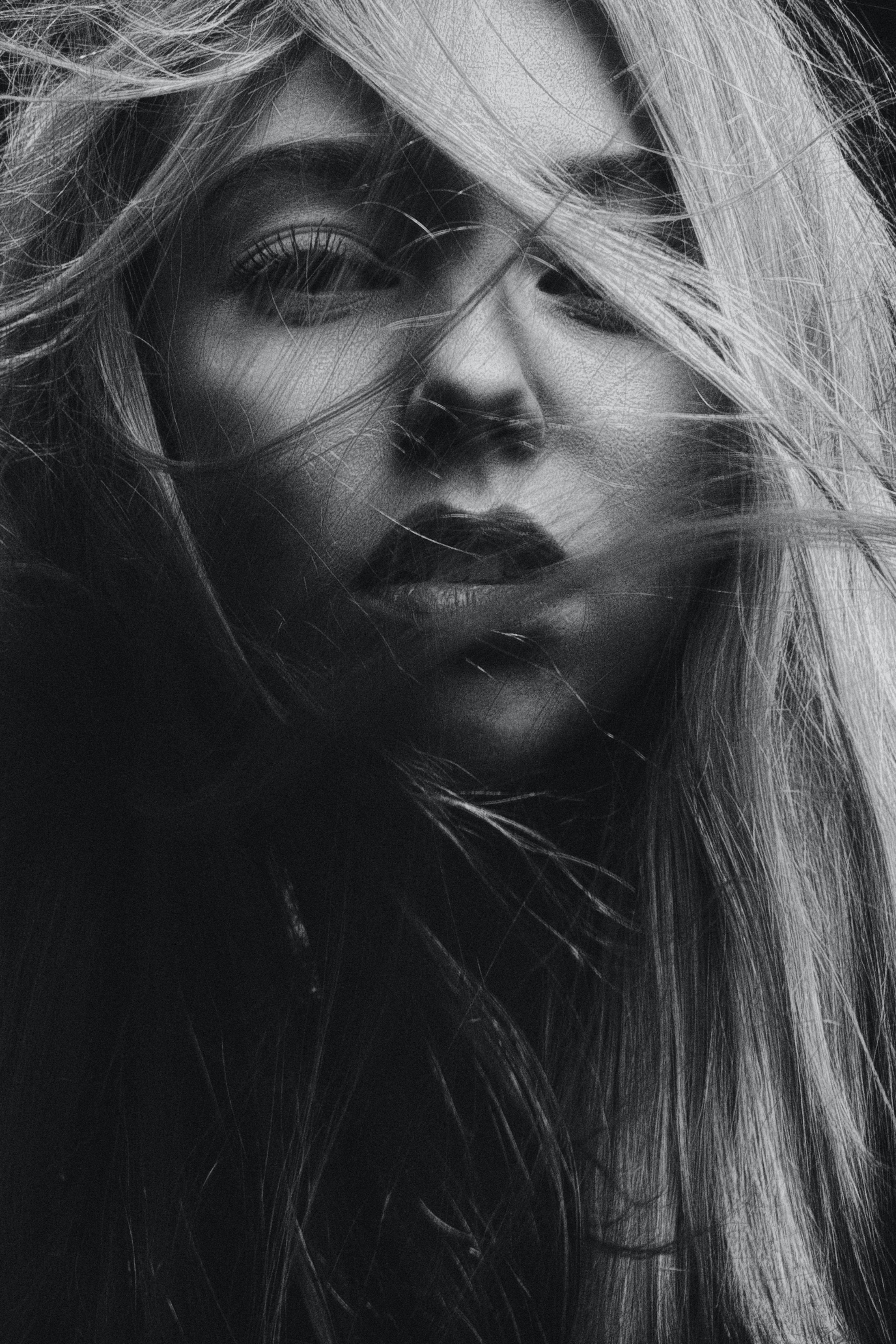 Model, wind-blown hair, black and white portrait, 5K Phone Wallpaper