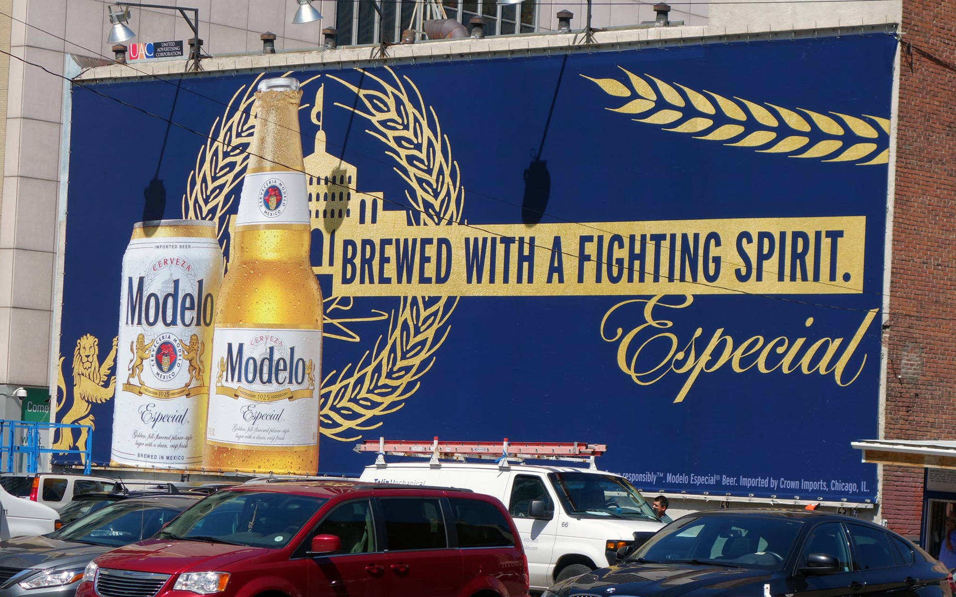 Modelo Especial, Brewed with a Fighting Spirit, blue Modelo beer advertisement mural, Full HD Desktop Wallpaper