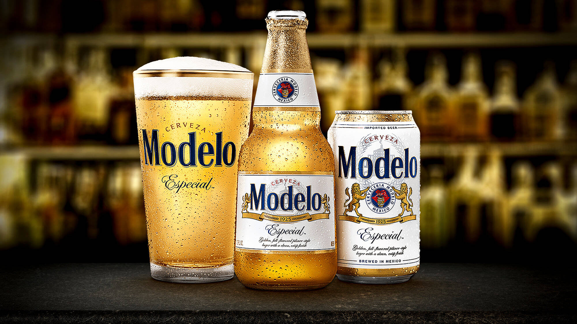 Modelo Especial, Modelo beer products, dark bar counter, Full HD Desktop Wallpaper