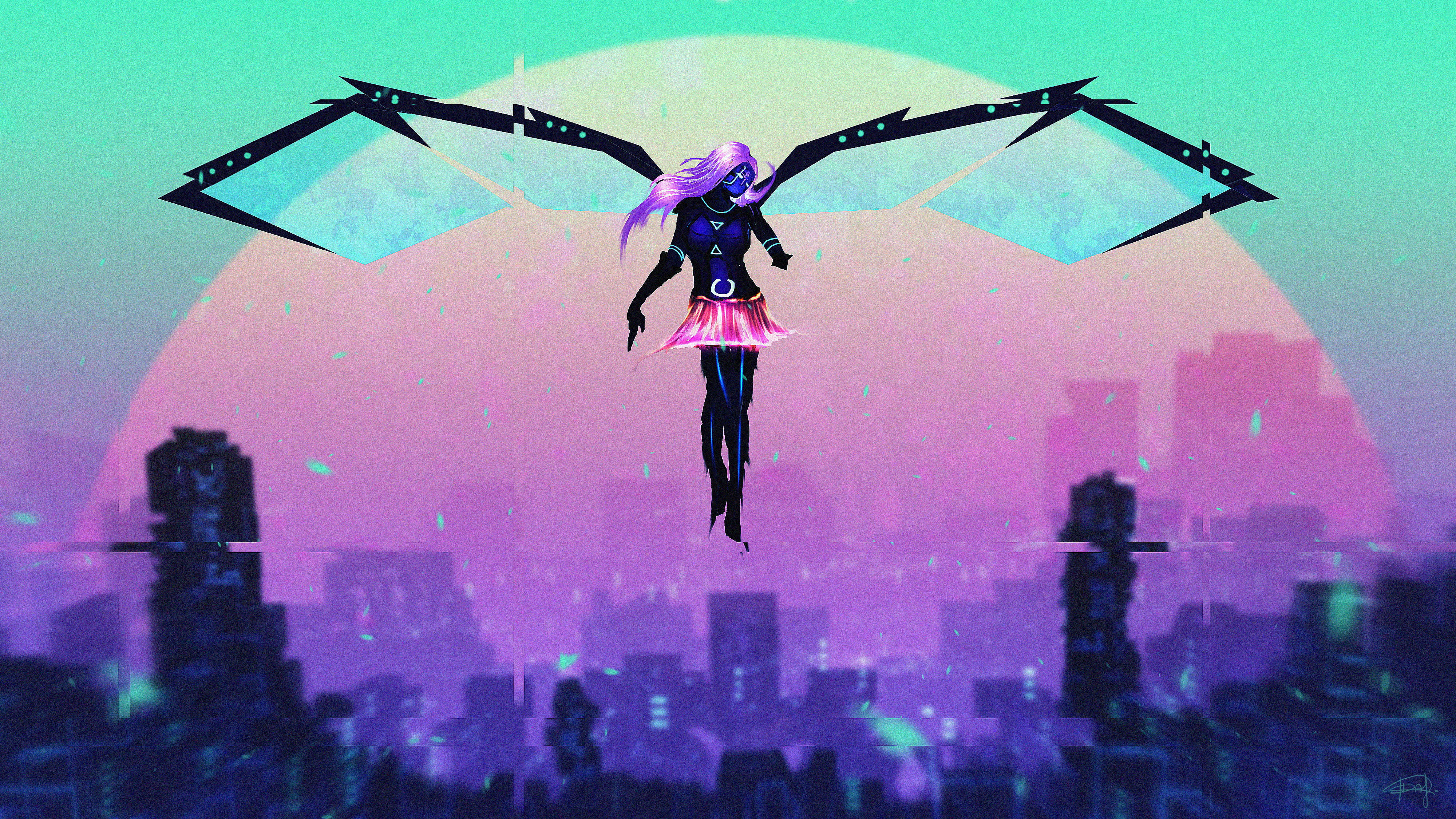 Modern Art Flying Girl, cyberpunk anime girl, glowing wings, 4K Desktop Wallpaper