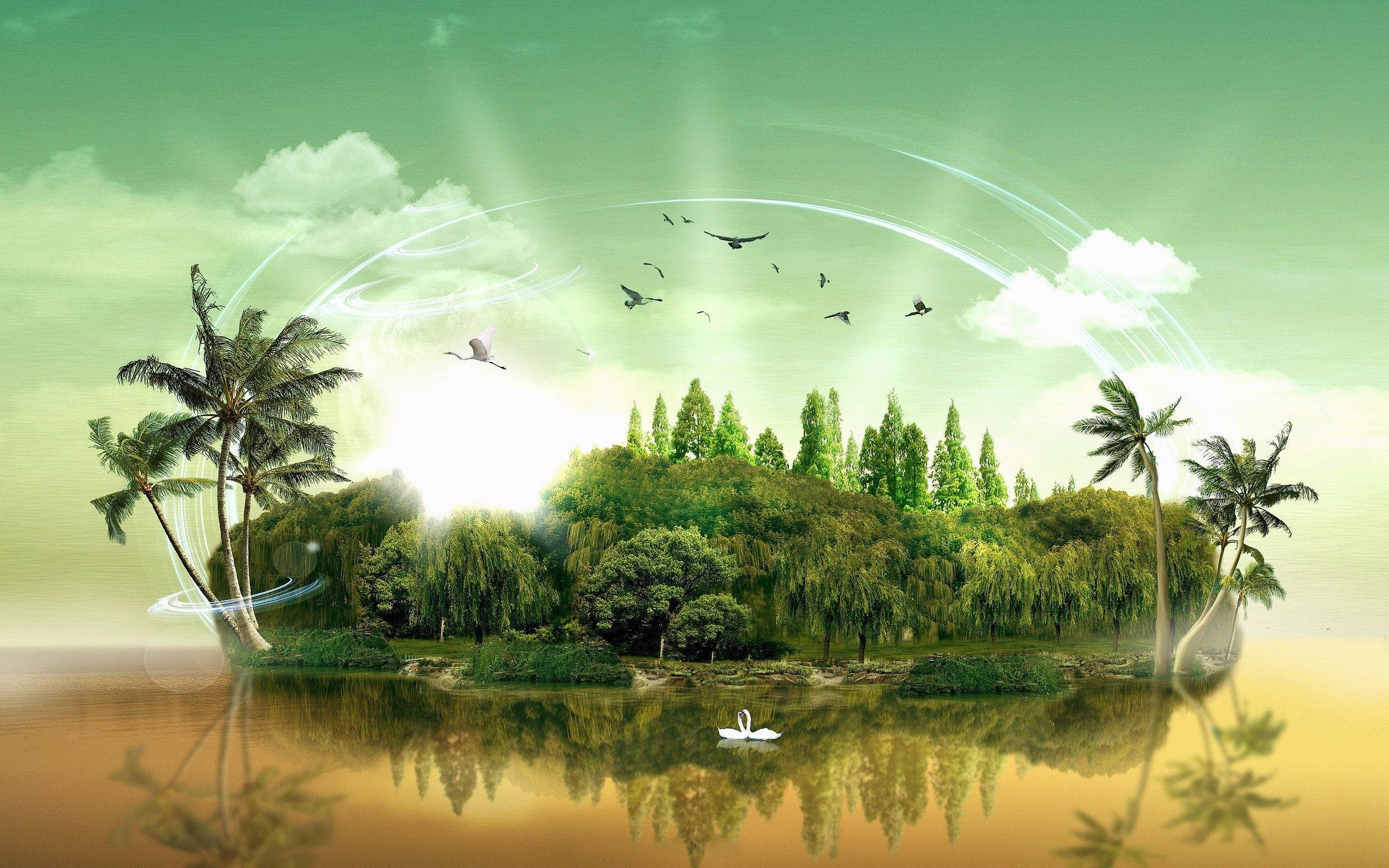 Modern Art Fantasy World, tropical island, palm trees, 2K Desktop Wallpaper