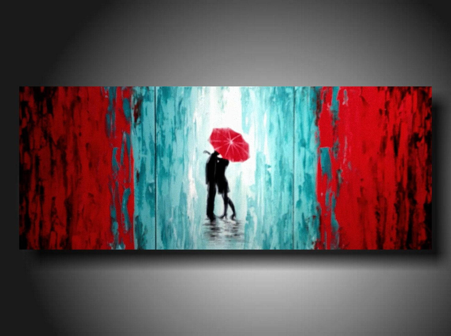 Modern Art Lovers Under Umbrella, vibrant red umbrella, rainy sky, HD Desktop Wallpaper