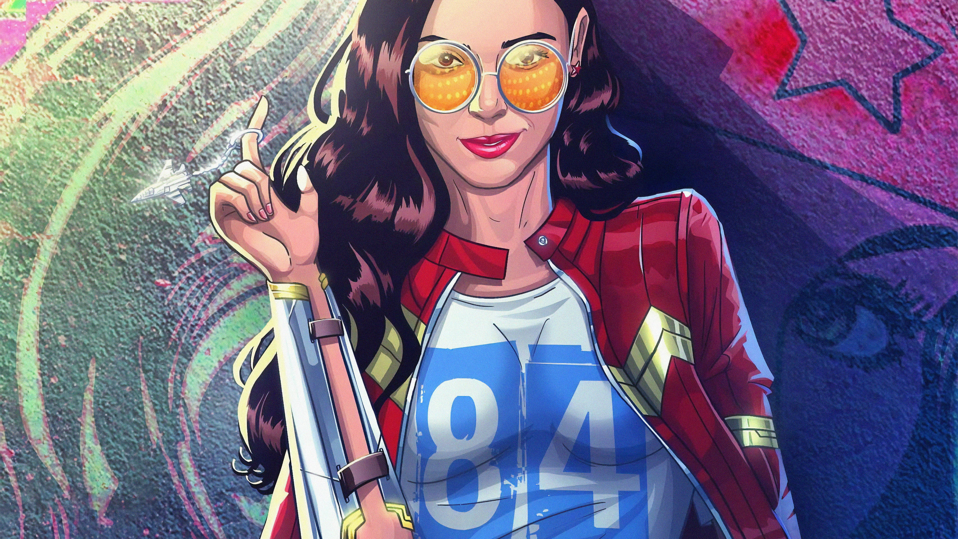 Modern Art, red jacket, orange sunglasses, 4K Desktop Wallpaper