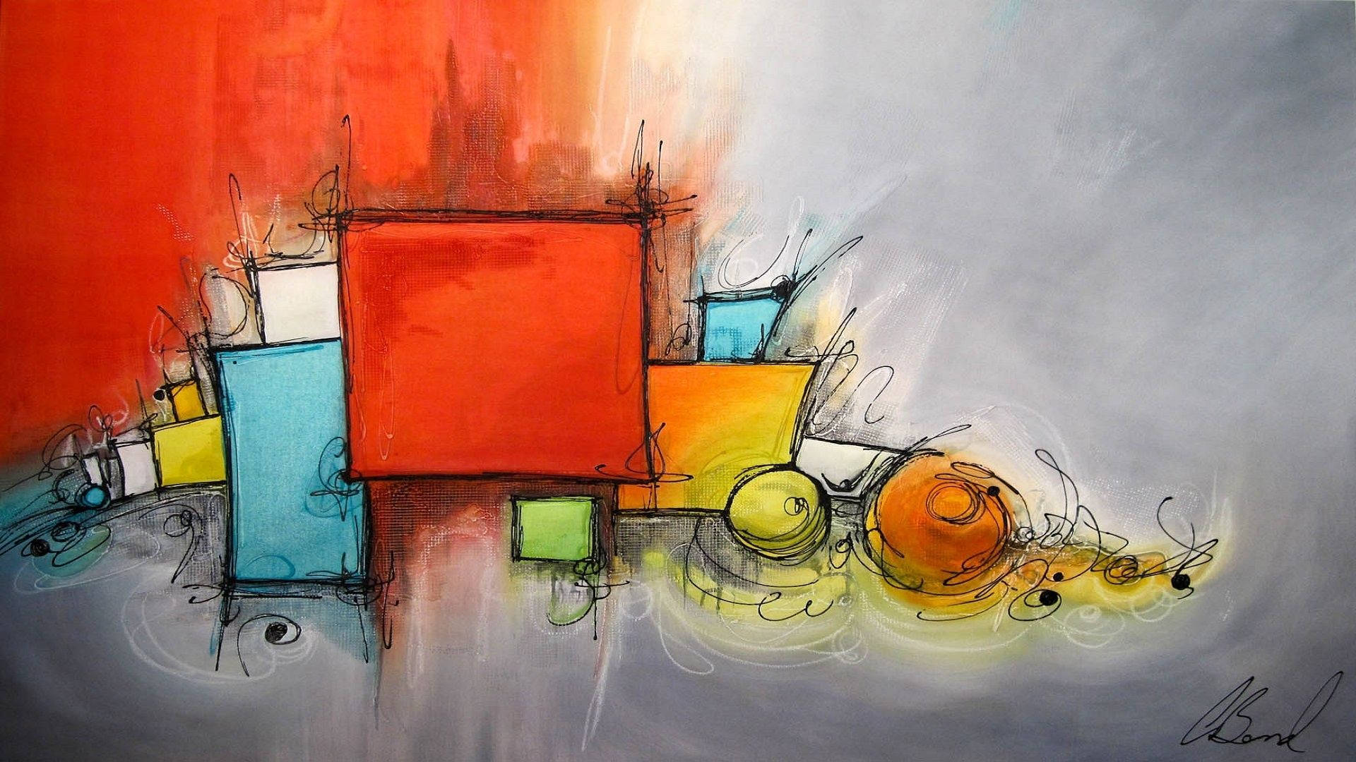 Modern Art, abstract painting, bold red orange and blue geometric shapes, Full HD Desktop Wallpaper