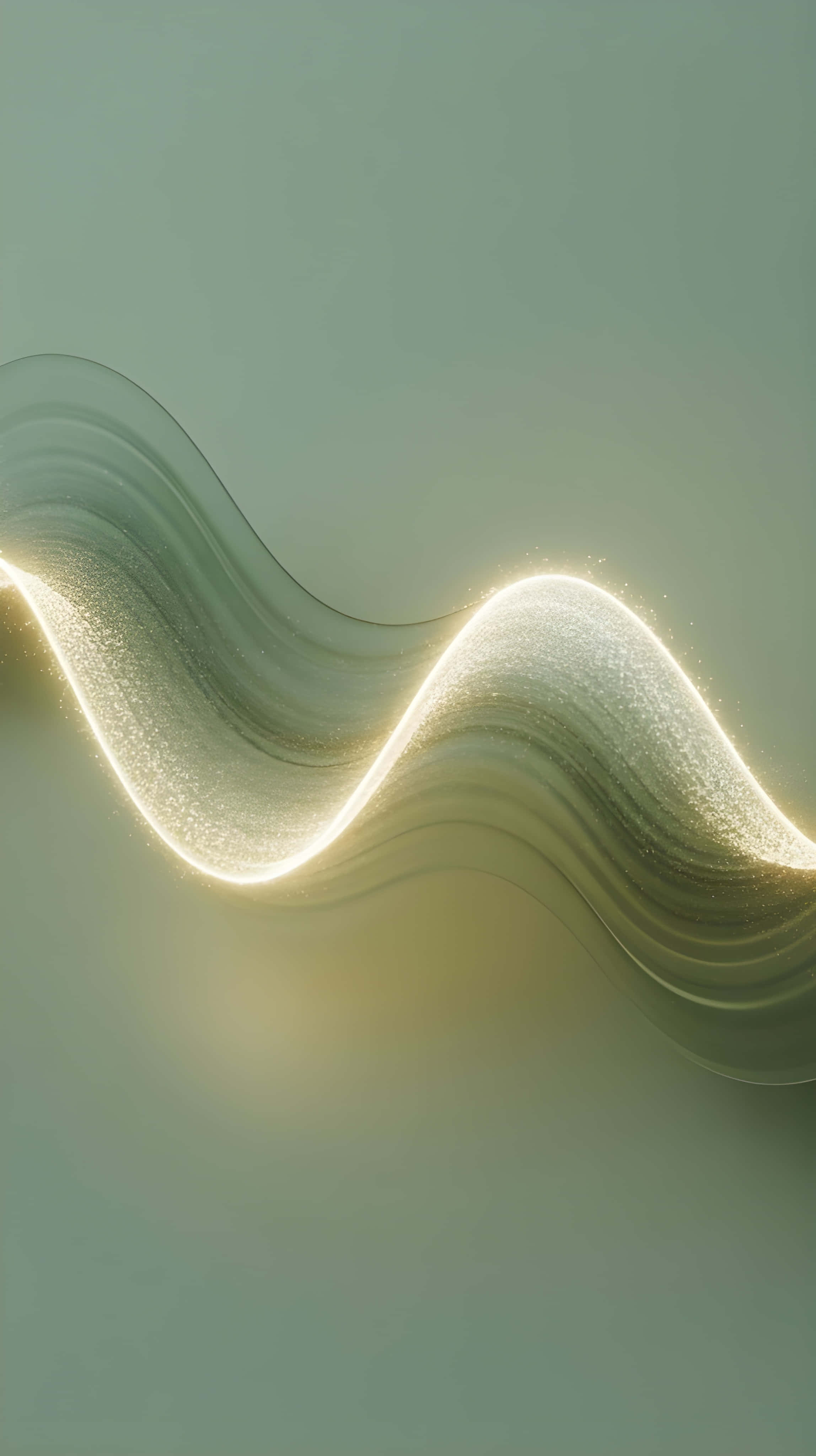 luminous abstract wave, sage green gradient background, glowing golden wave, 4K Phone Wallpaper