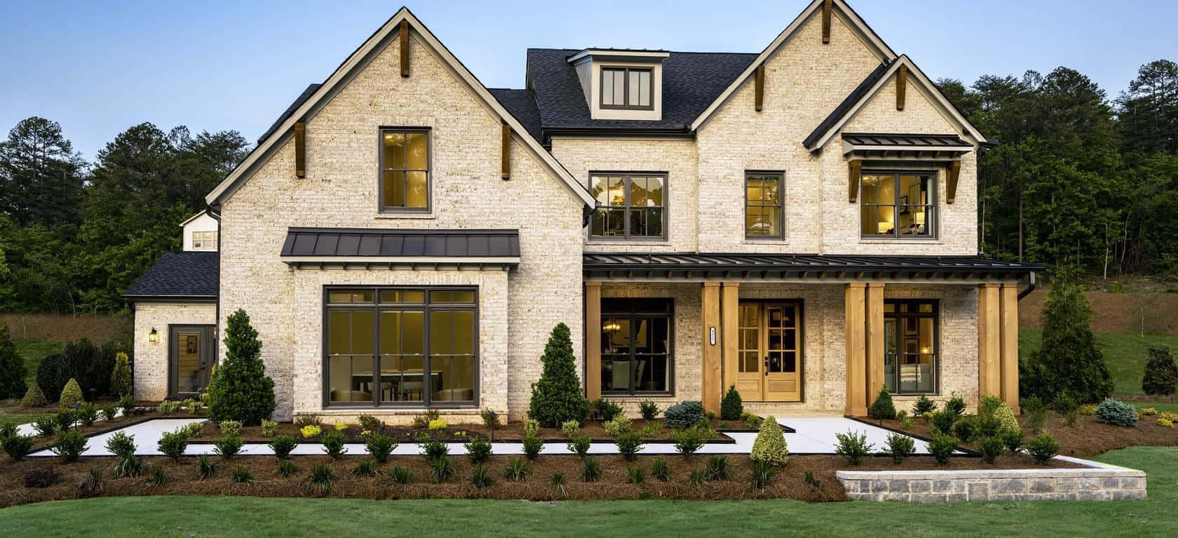 modern farmhouse, two-story stone mansion, warm glowing windows, HD Desktop Wallpaper