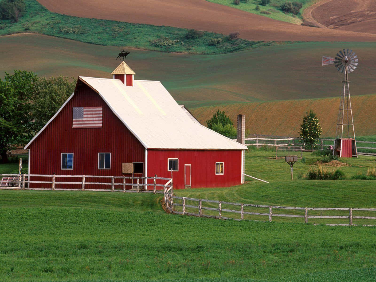 red farmhouse, windmill, American flag, HD Desktop Wallpaper