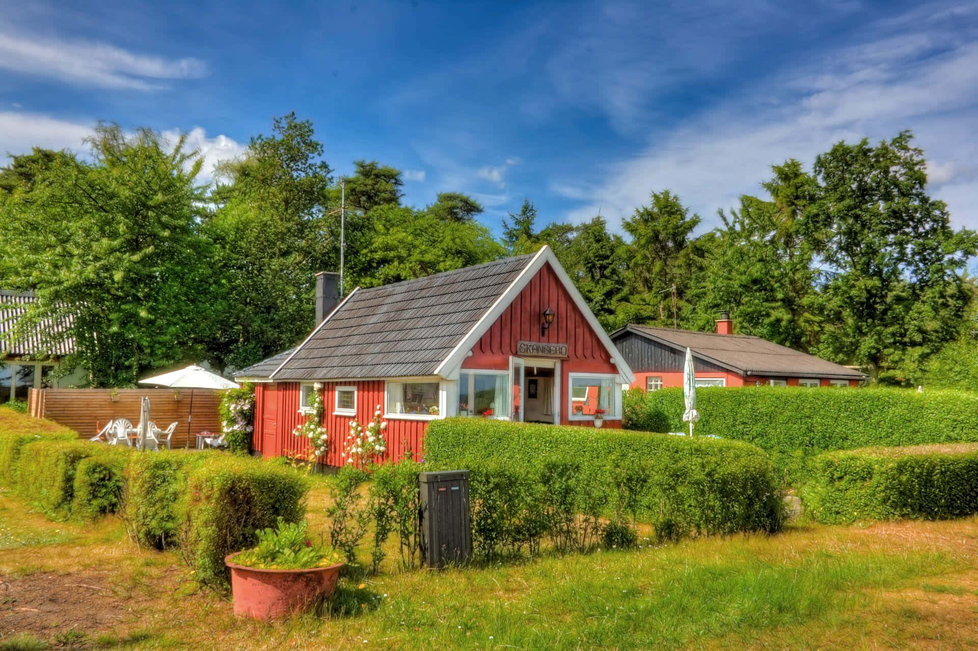 red wooden cabin, white trim, lush green trees, Full HD Desktop Wallpaper