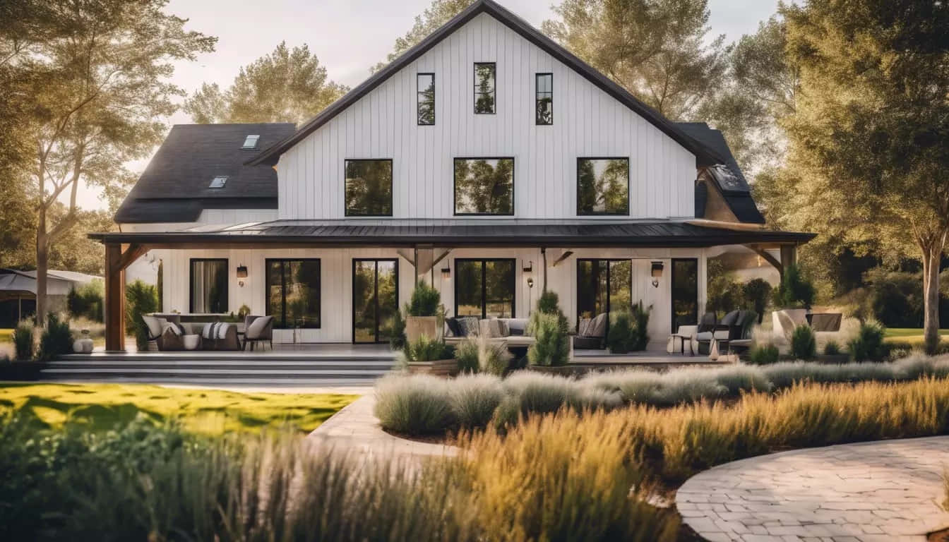 modern farmhouse, white farmhouse, black trim, HD Desktop Wallpaper
