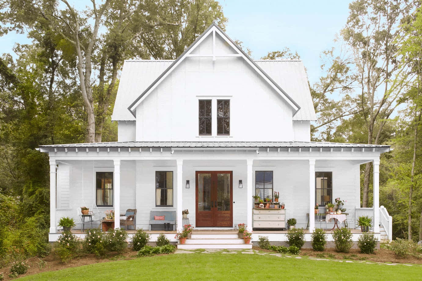 modern farmhouse, white farmhouse, covered porch, HD Desktop Wallpaper