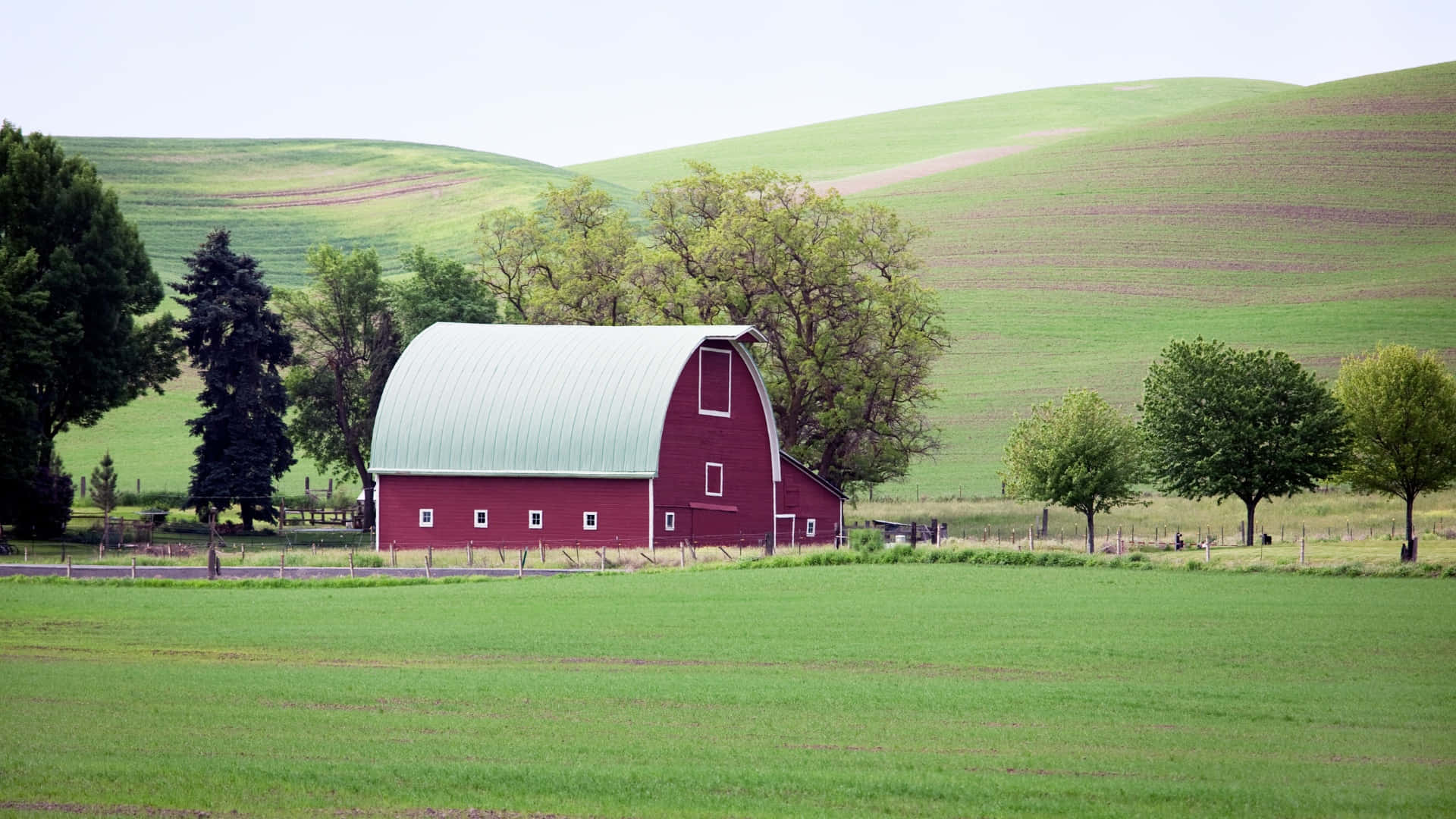 red barn, silver arched roof, lush green field, Full HD Desktop Wallpaper