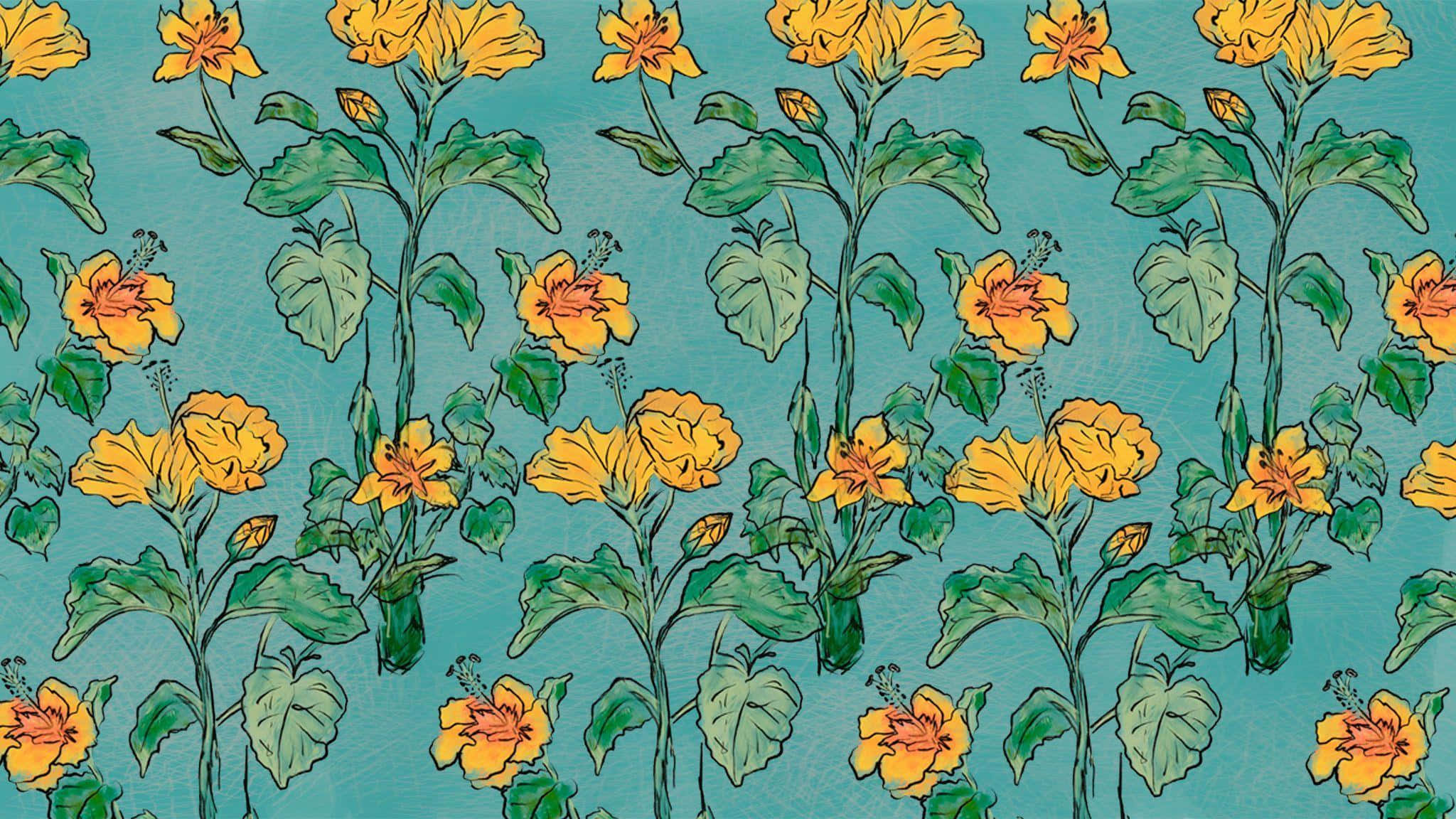modern yellow florals pattern, vibrant yellow hibiscus flowers, green leaves, Full HD Desktop Wallpaper