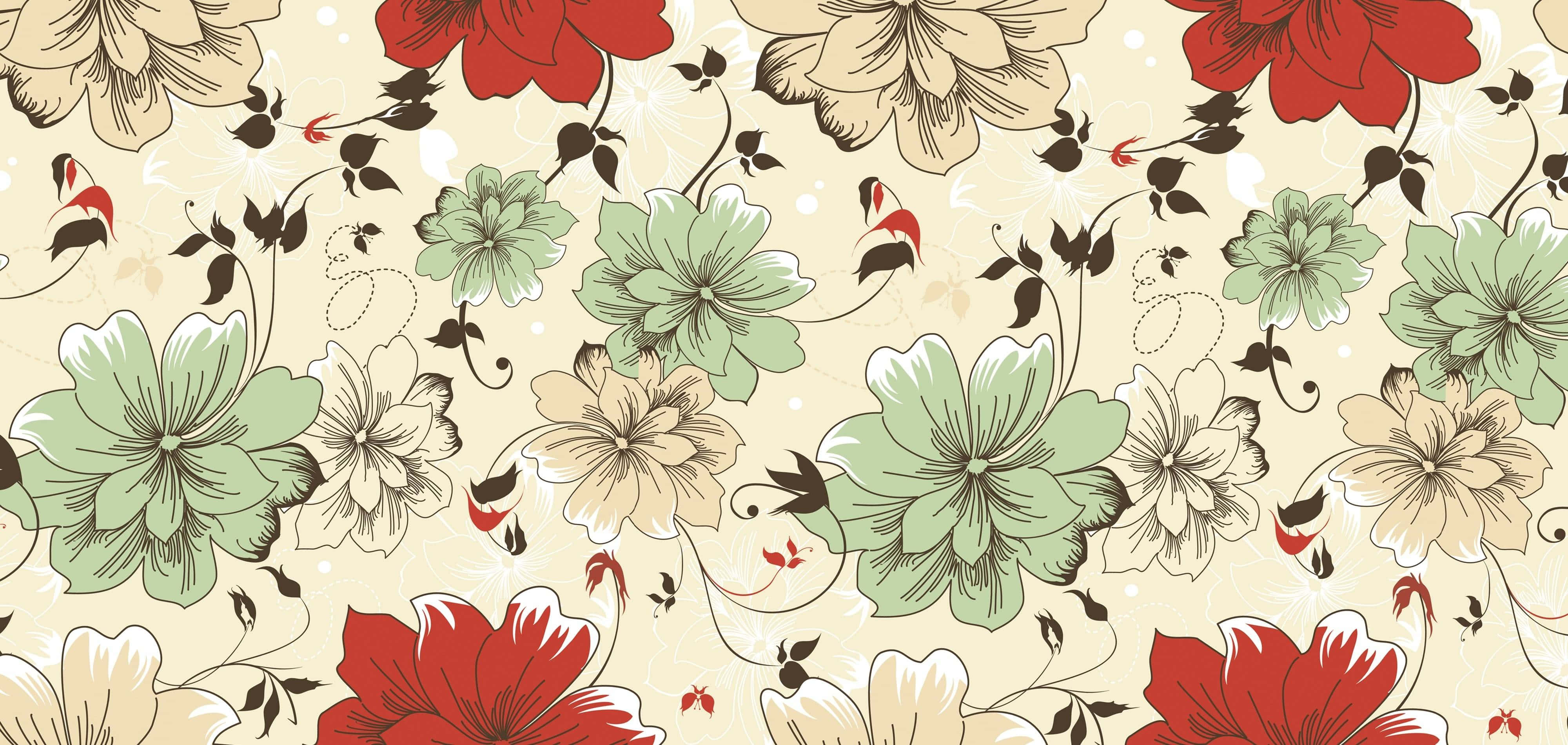 modern floral pattern design, red green and beige blossoms, cream background, 4K Desktop Wallpaper