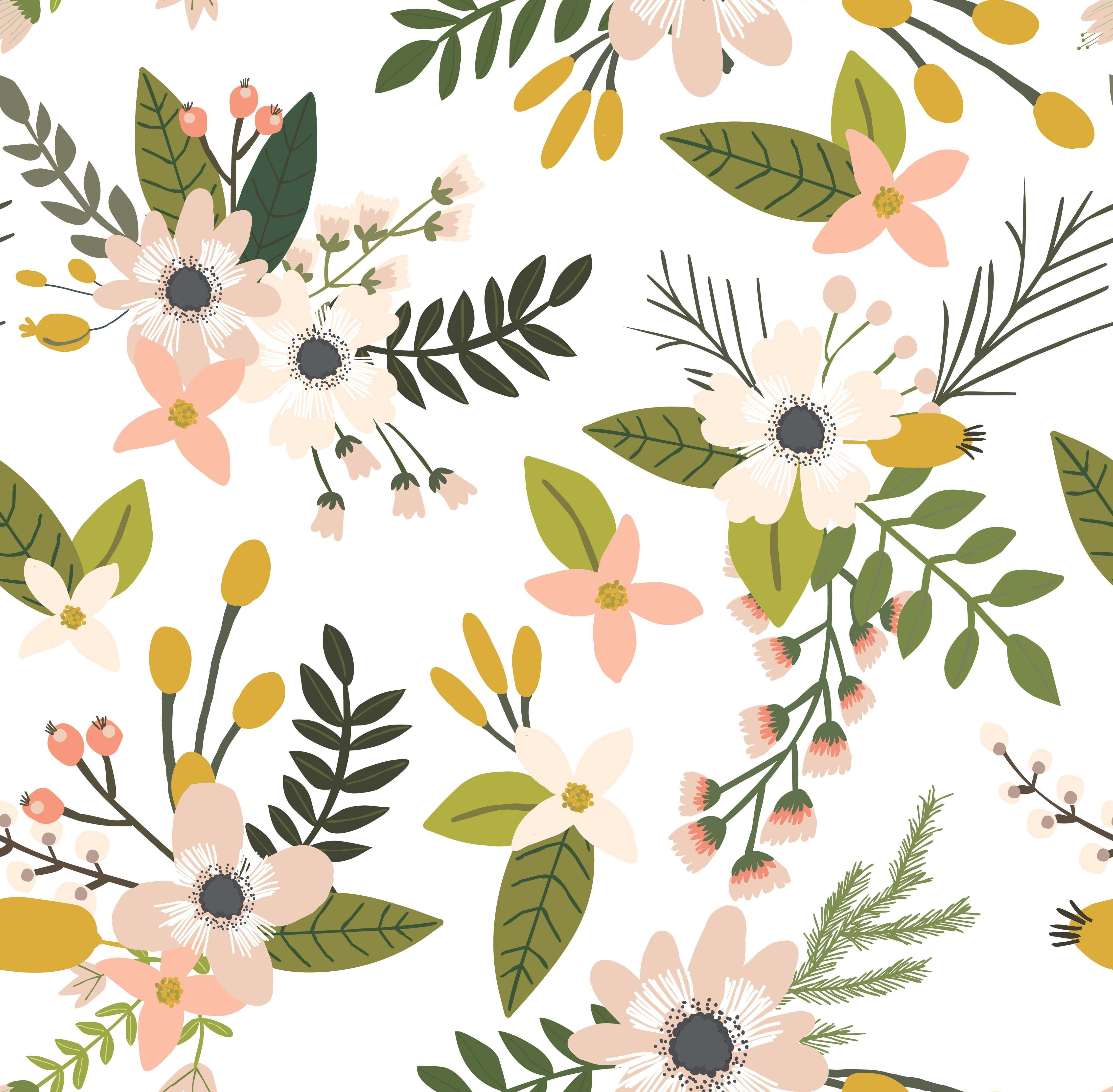 contemporary floral pattern design, soft pinks, greens, 4K Desktop Wallpaper