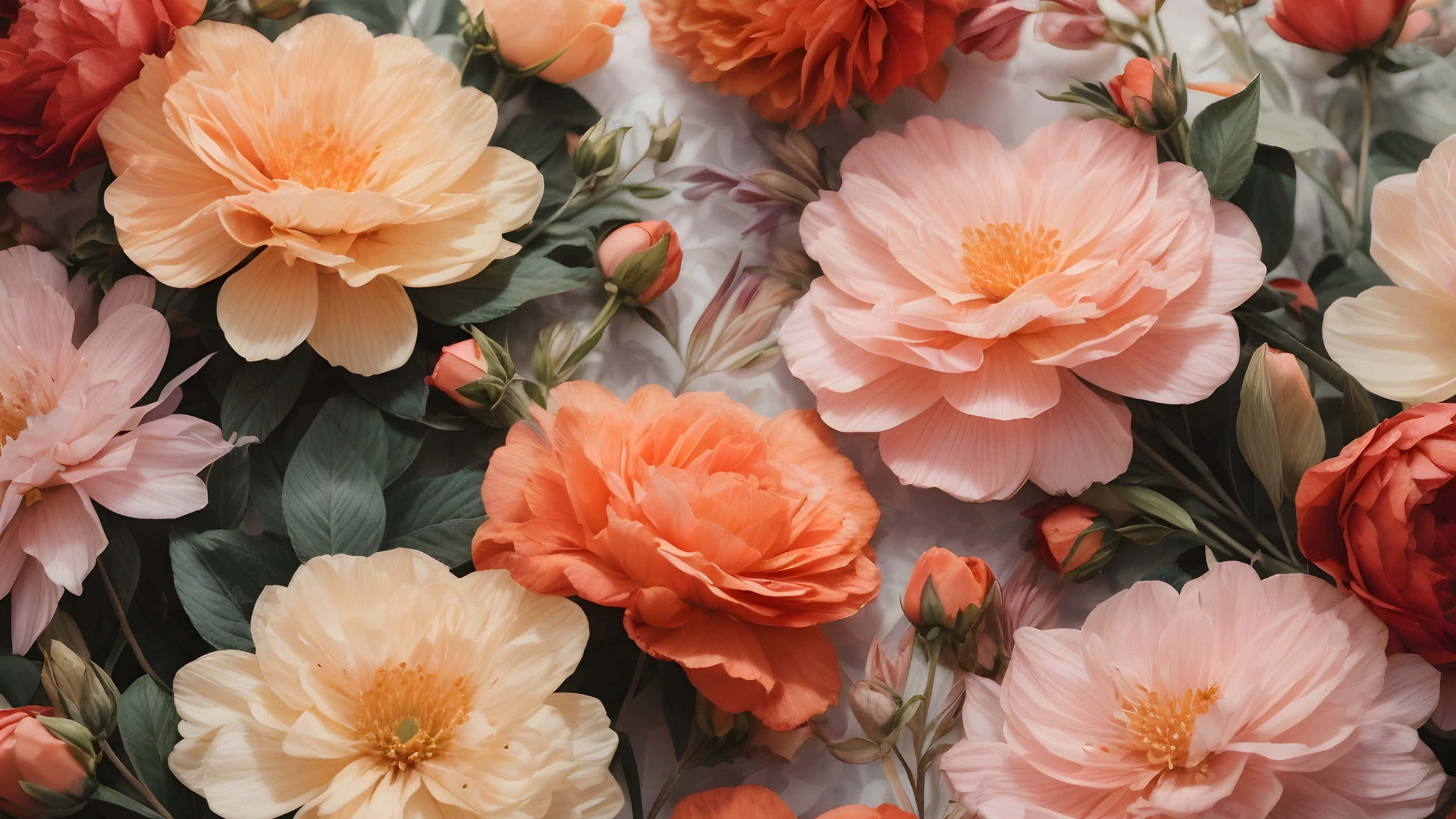 modern floral array, soft tones, peach coral, 2K Desktop Wallpaper