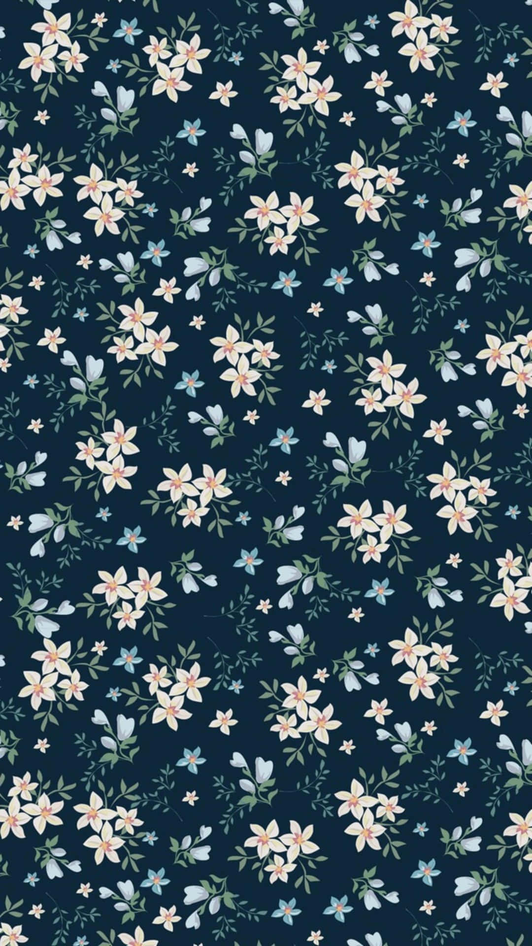 modern navy floral pattern, white blossoms, peach blossoms, Full HD Phone Wallpaper