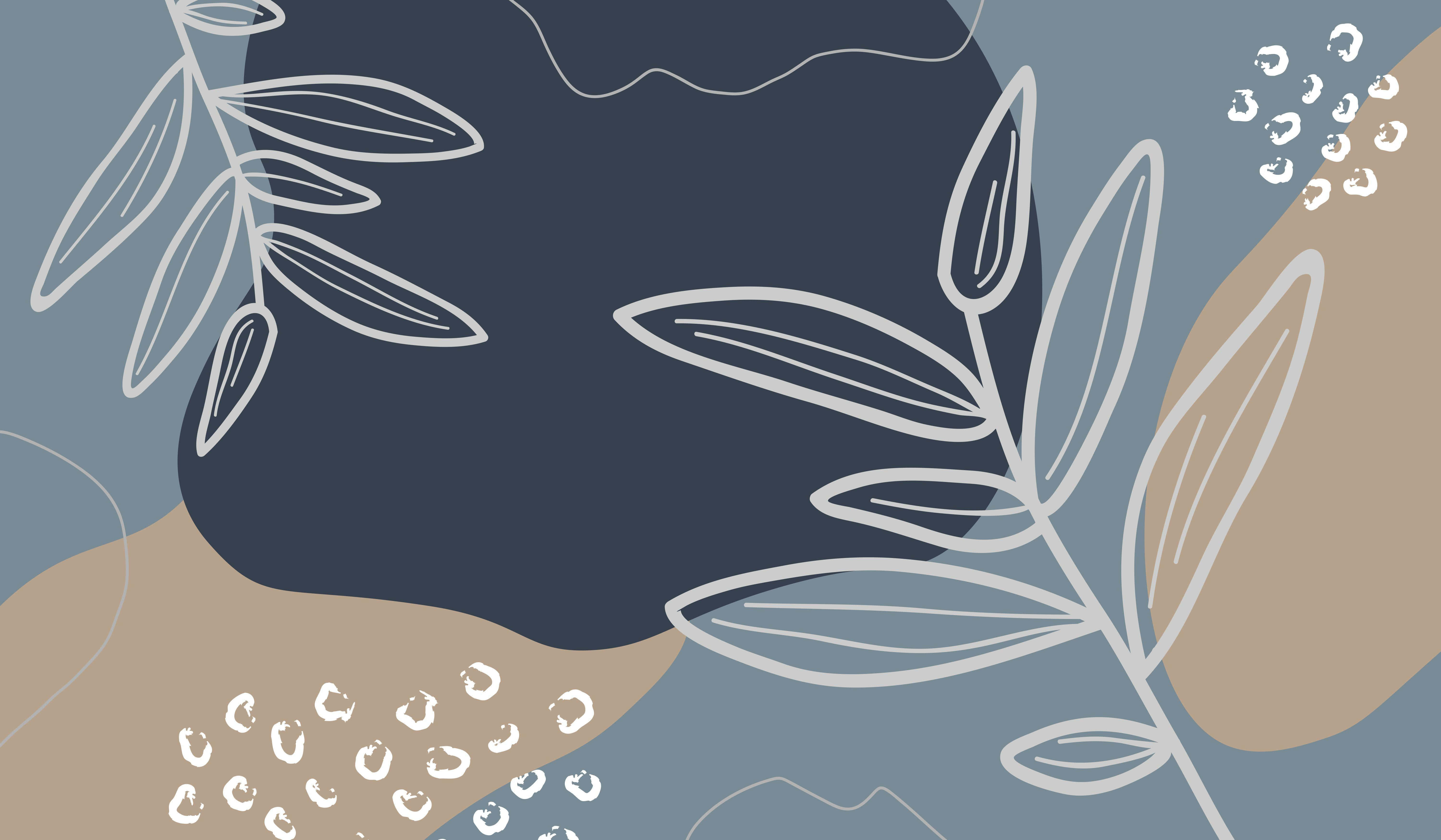 abstract modern floral design, white outlined leaves, dots, 5K Desktop Wallpaper