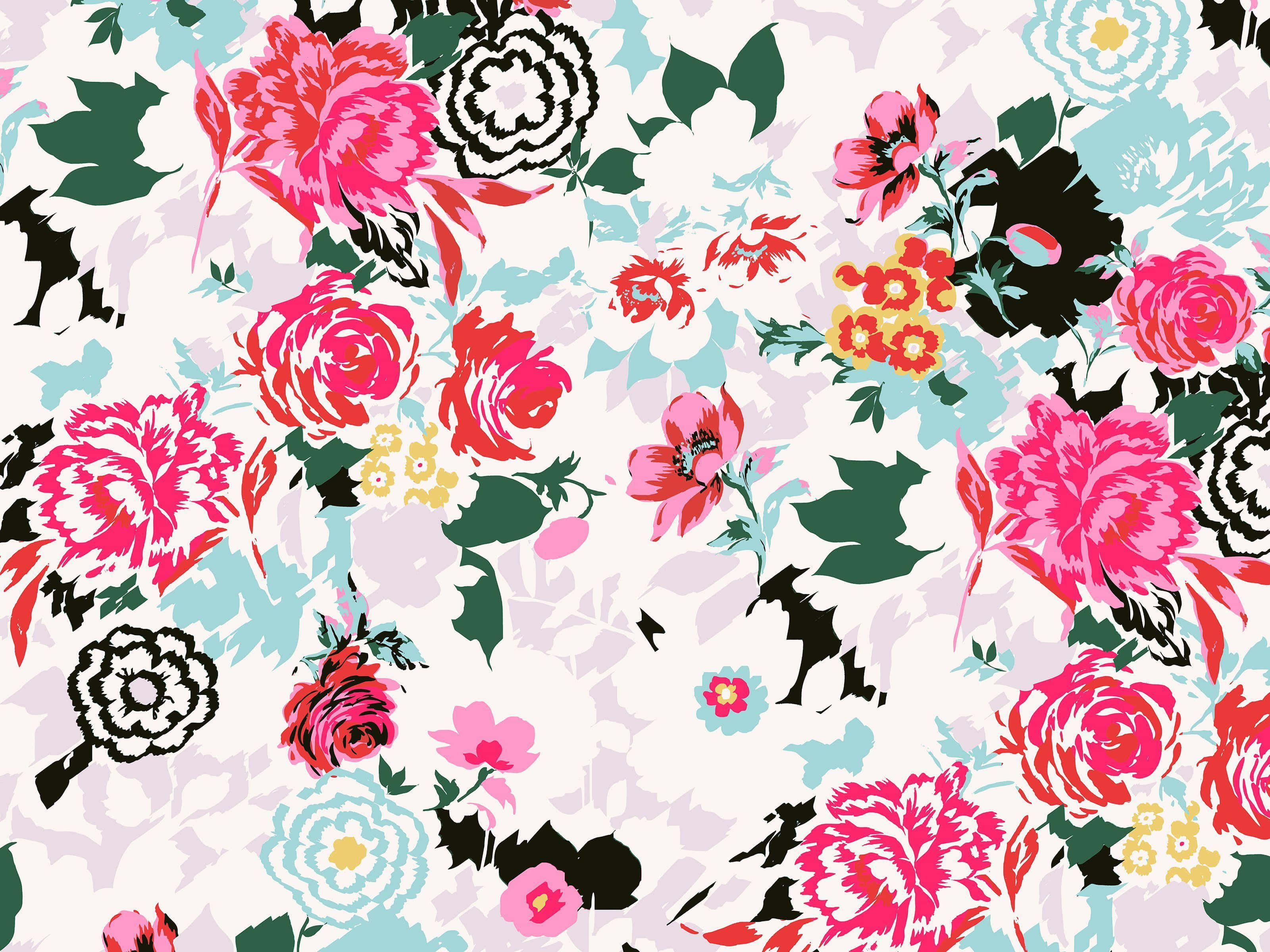 vibrant modern floral pattern, bold pink red, teal blooms, 2K Desktop Wallpaper