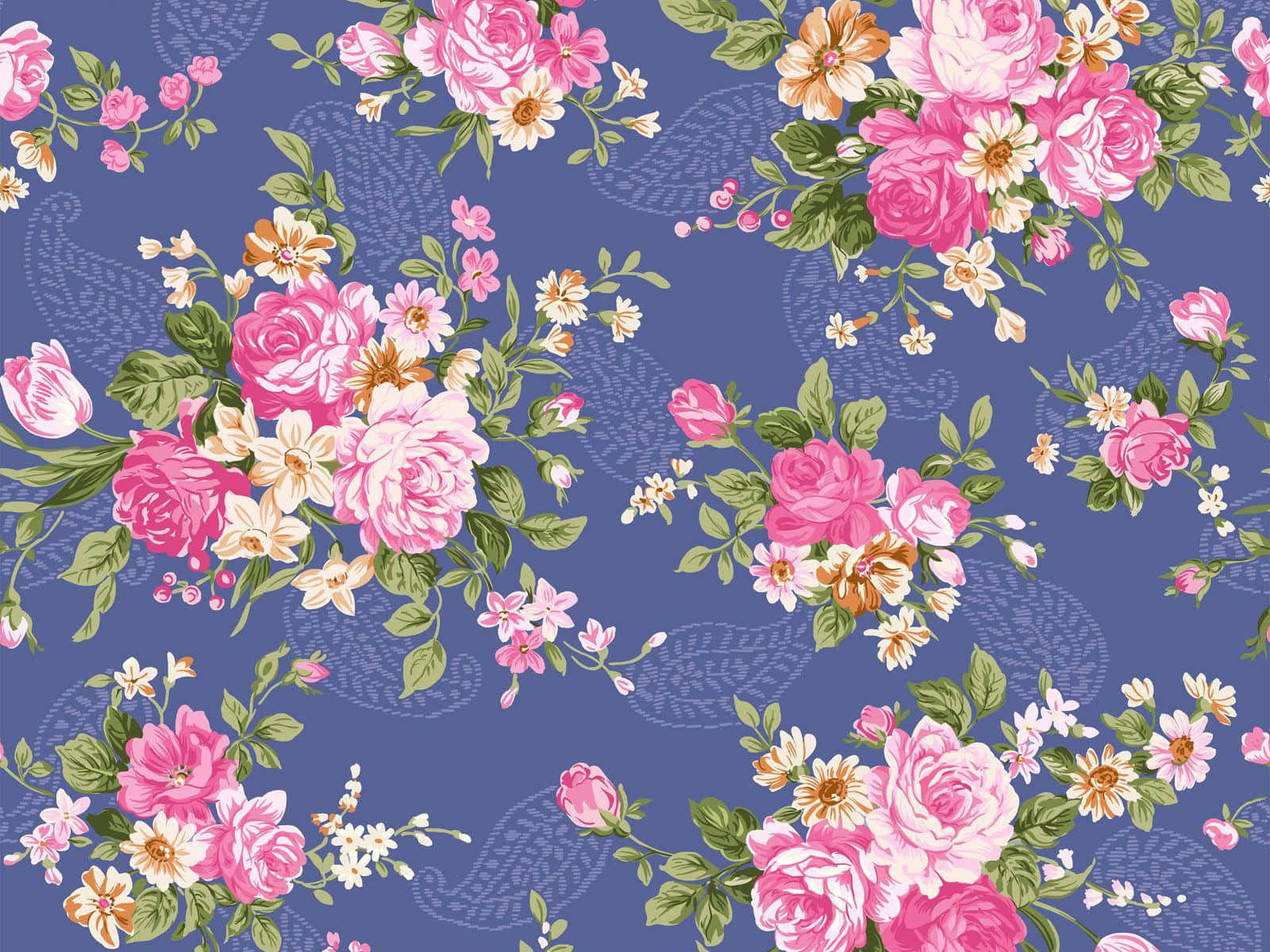 elegant floral pattern, blue background, vibrant pink roses, HD Desktop Wallpaper
