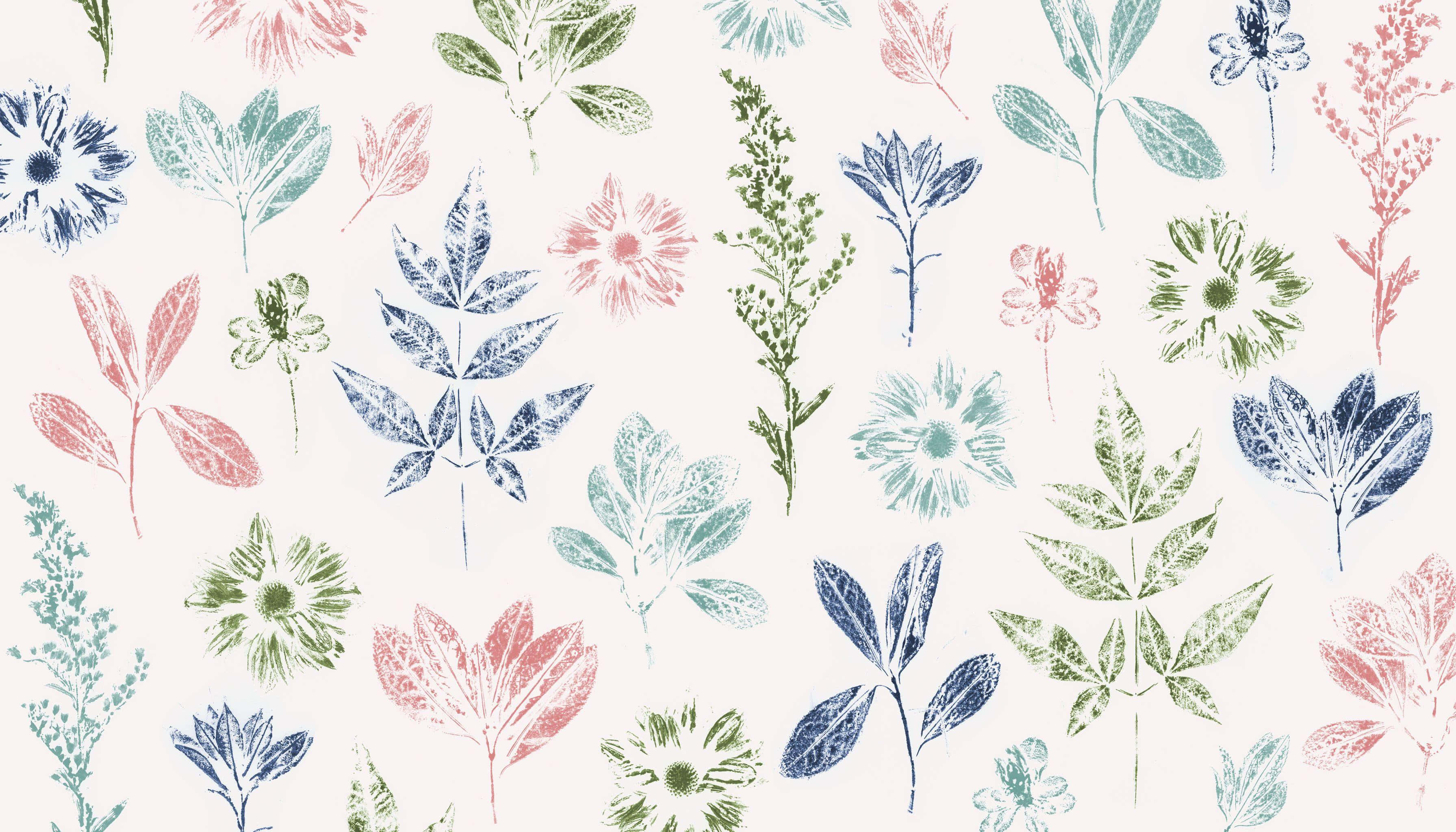 pastel floral pattern, soft pink, blue, 2K Desktop Wallpaper