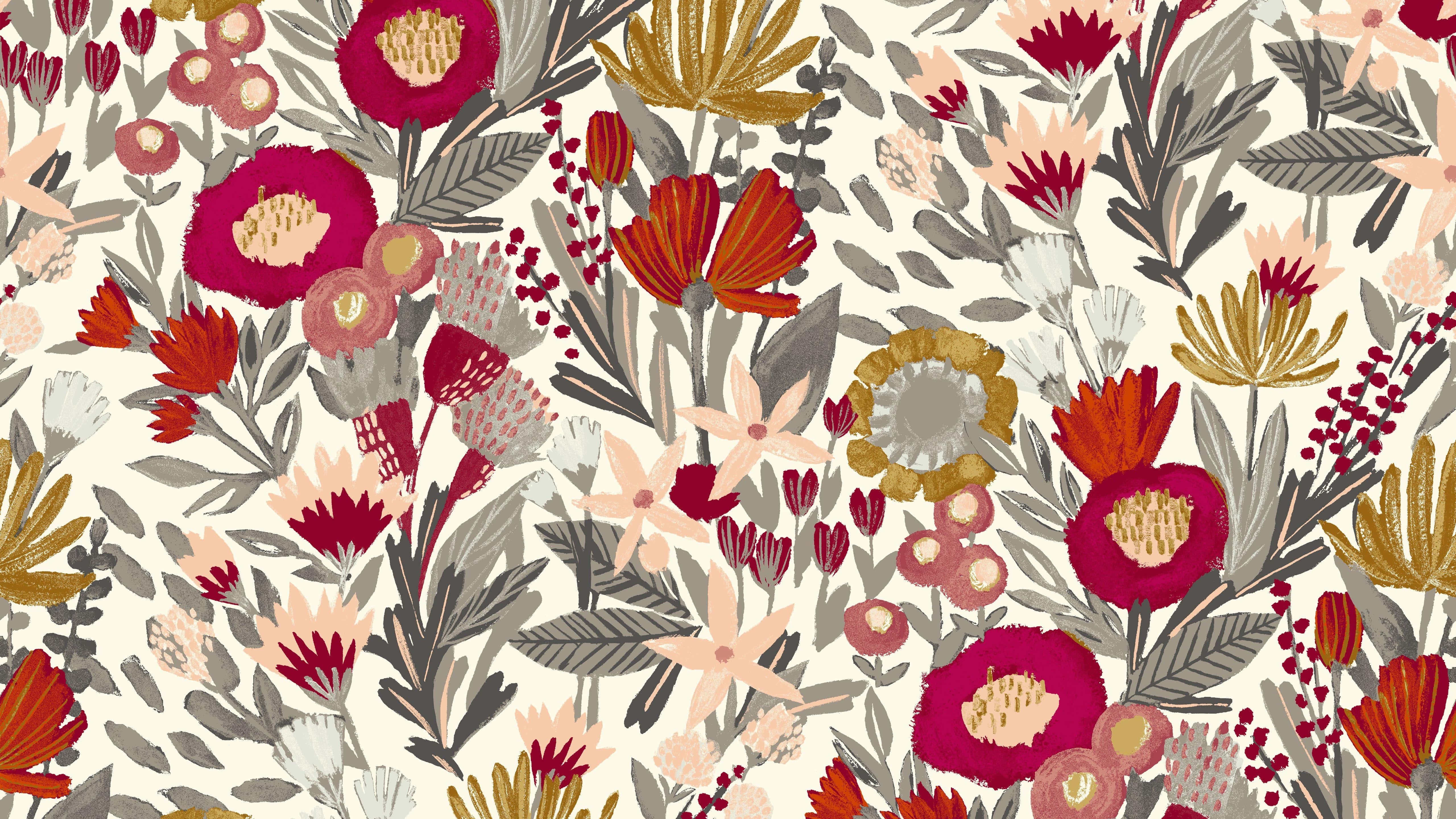 contemporary floral pattern design, bold reds, golds, 5K Desktop Wallpaper