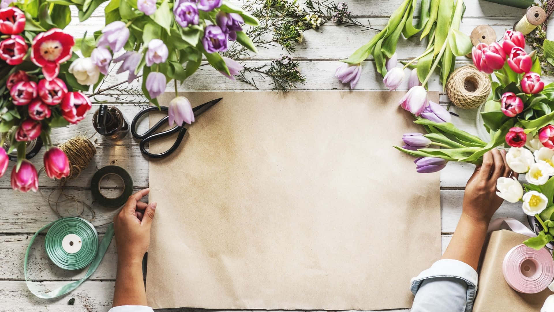 floral arrangement, vibrant tulips, blank parchment, Full HD Desktop Wallpaper
