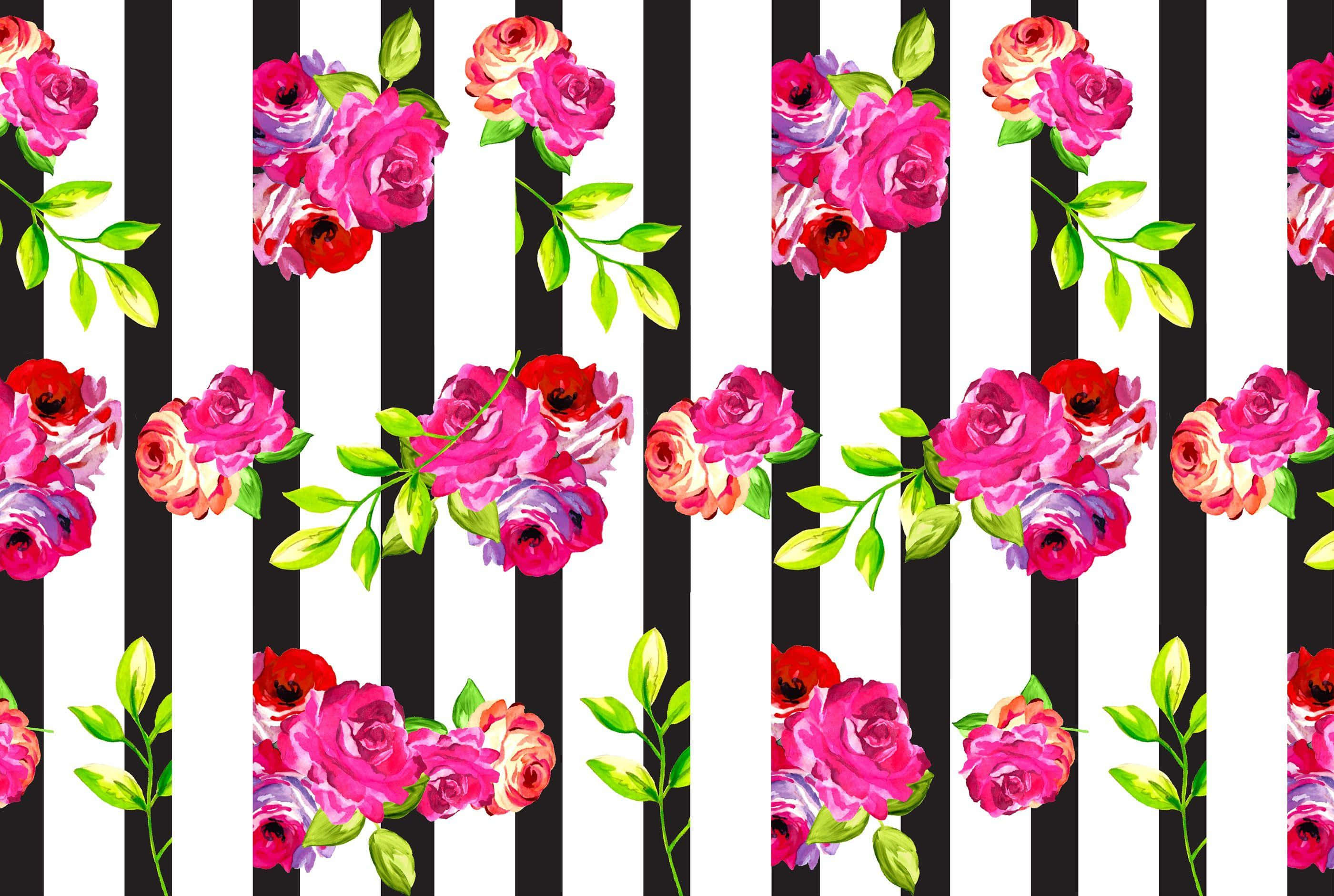 Modern Floral Stripes Pattern, vibrant pink, red roses, 2K Desktop Wallpaper