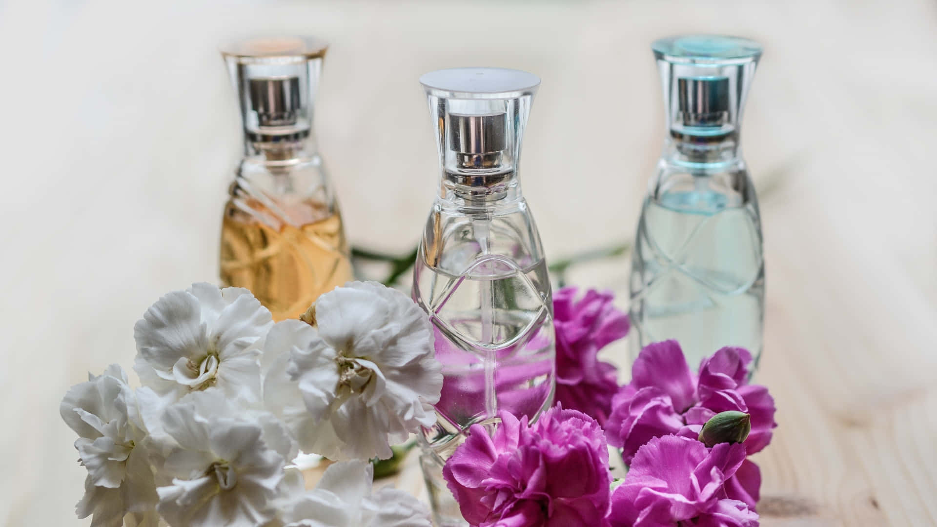 floral fragrance, glass perfume bottles, metallic caps, Full HD Desktop Wallpaper