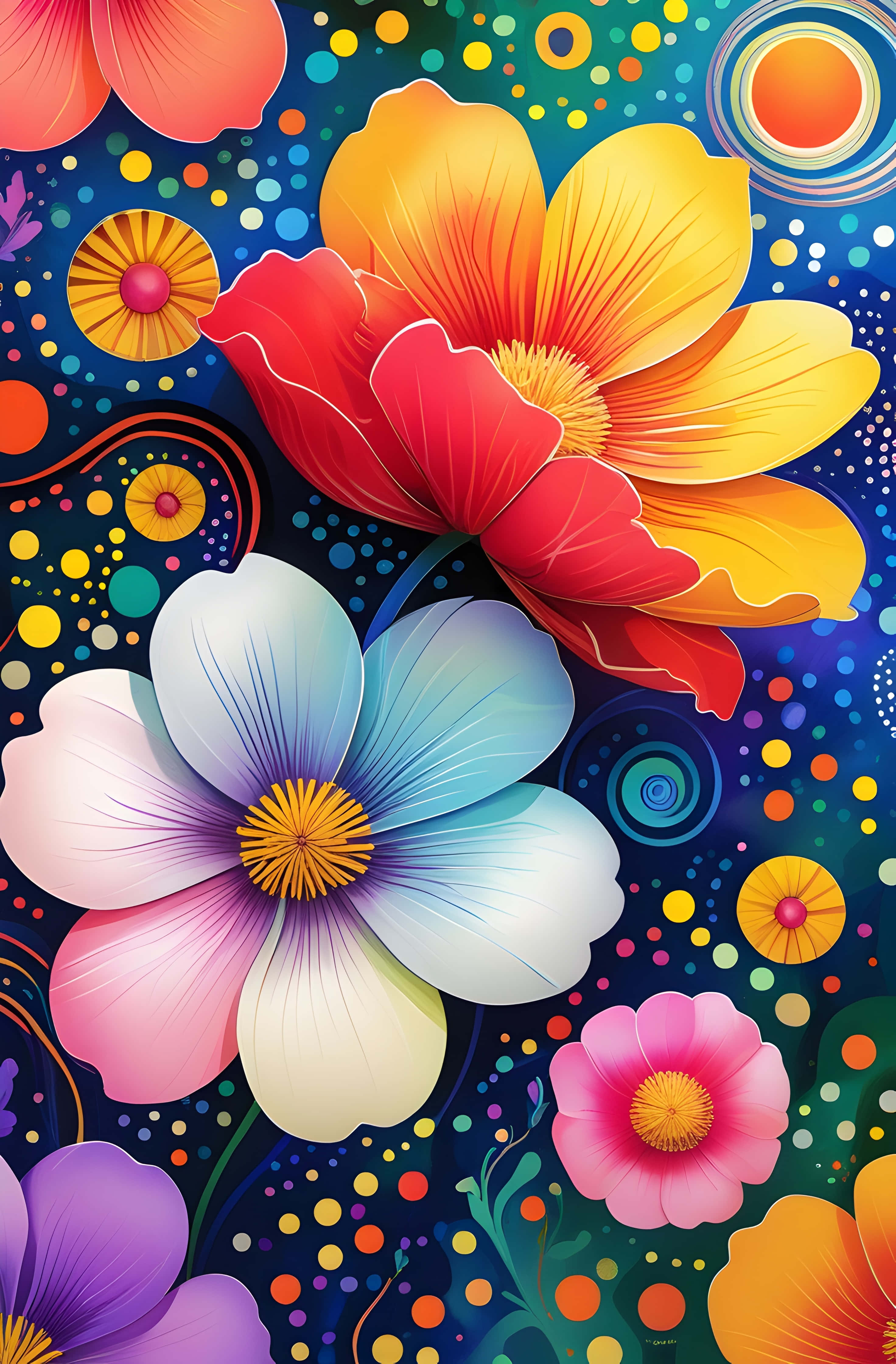 psychedelic flowers, red yellow blue and pink, dark blue background, 4K Phone Wallpaper