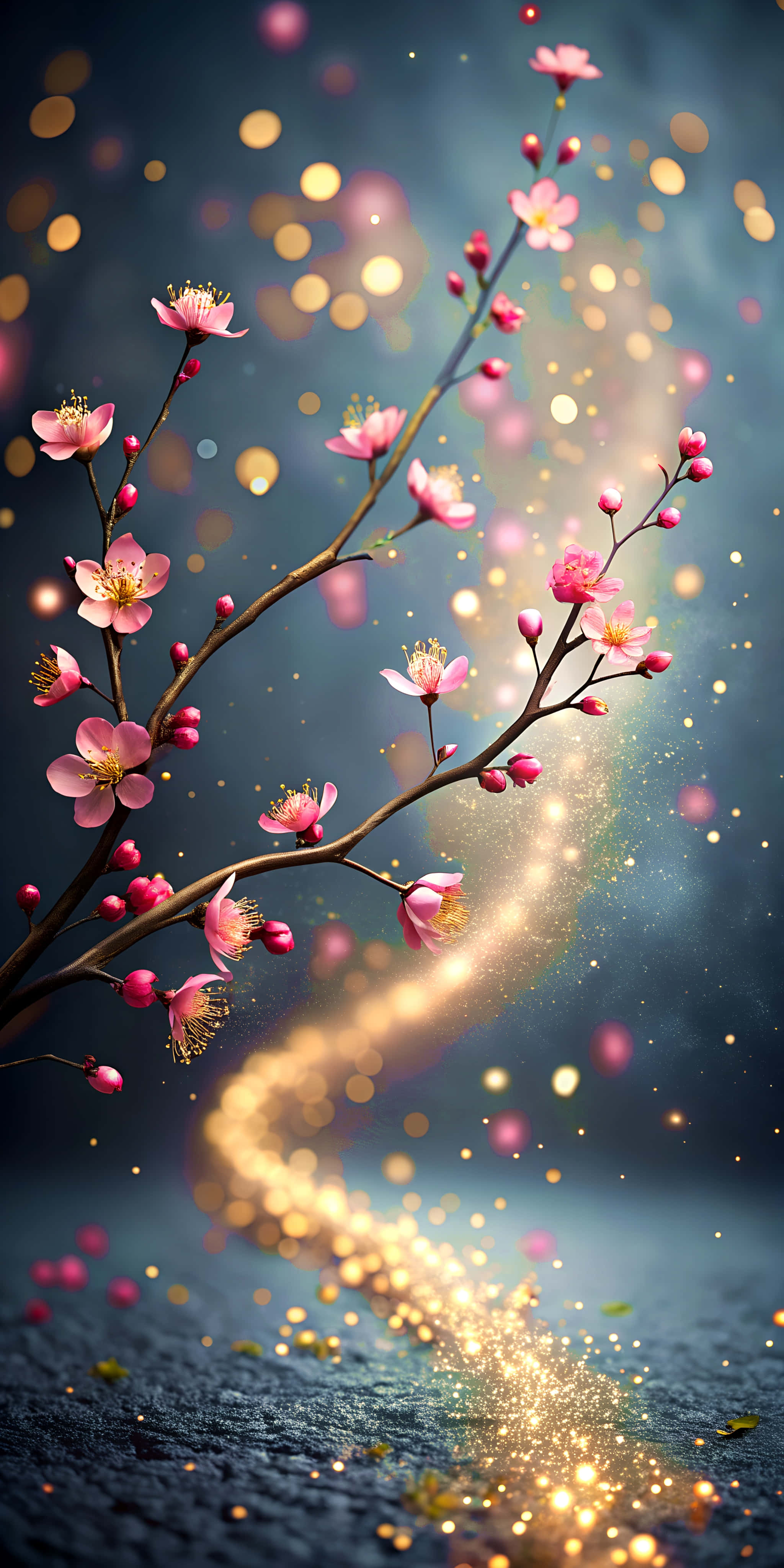 elegant shining pink branch, blurred dark gray pathway, pink cherry blossoms, 4K Phone Wallpaper
