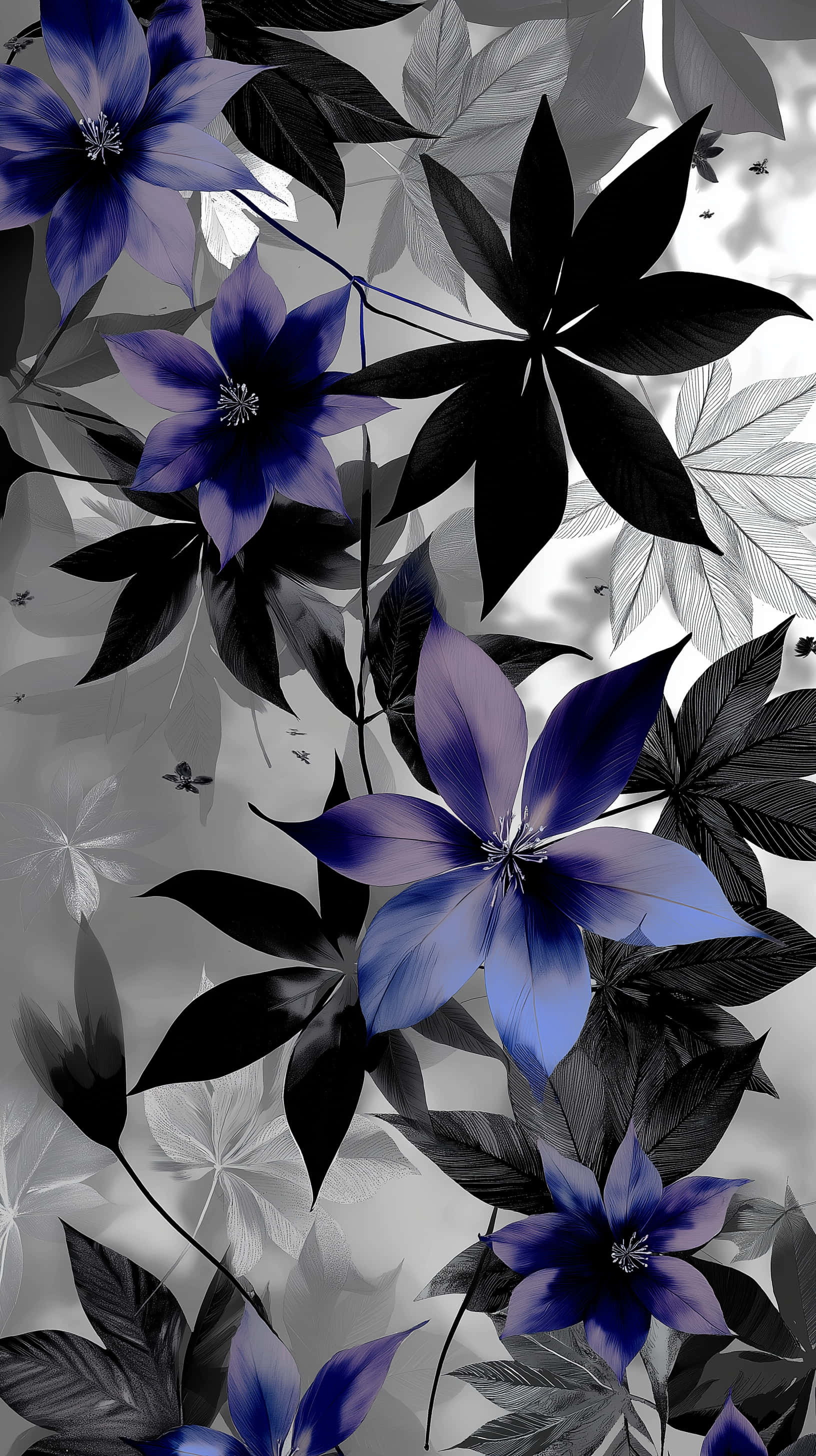 monochromatic blooms, abstract botanical accents, vibrant blue clematis flowers, 2K Phone Wallpaper