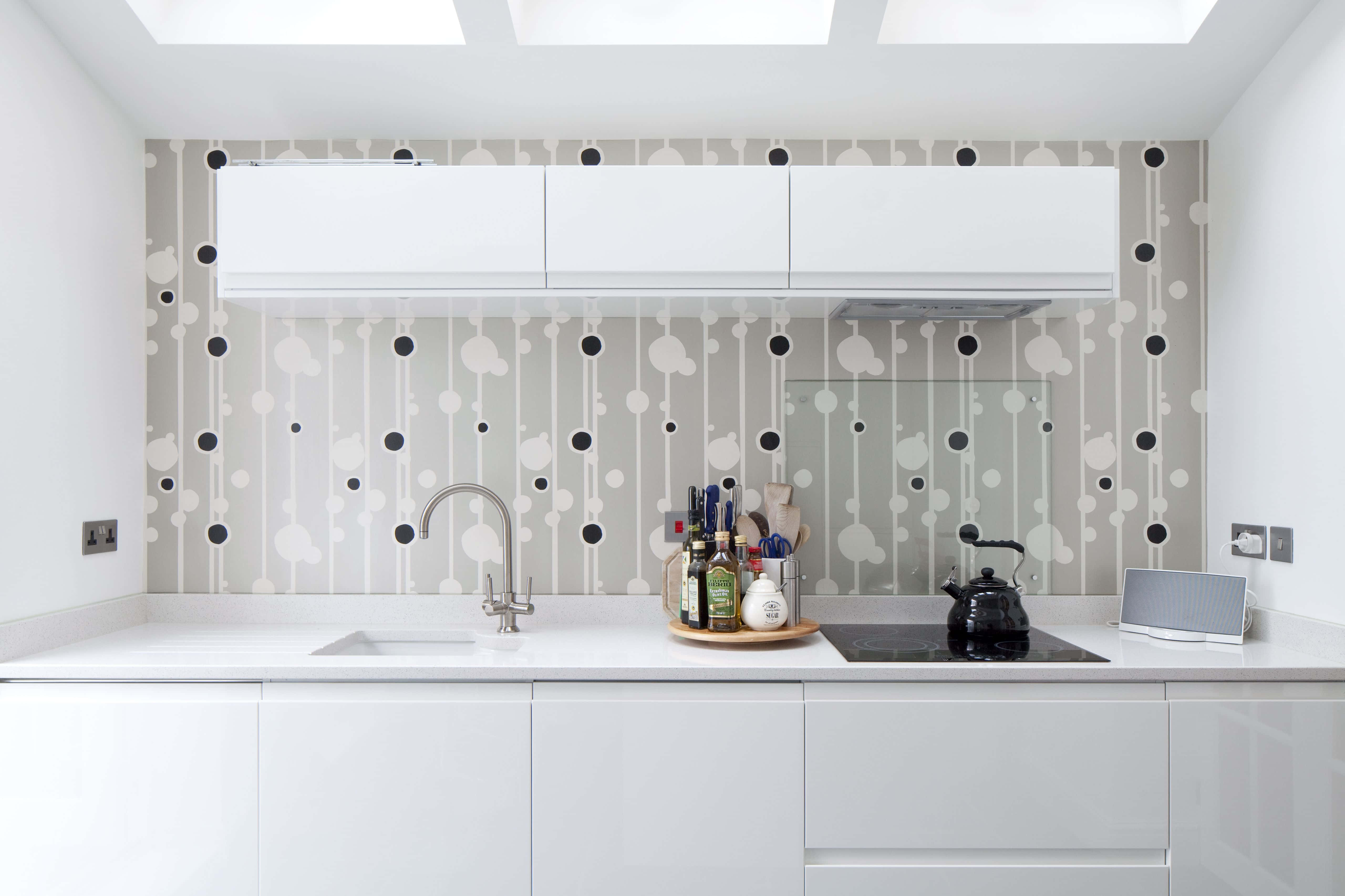 white kitchen, black and white polka dot wallpaper, white cabinets, 5K Desktop Wallpaper