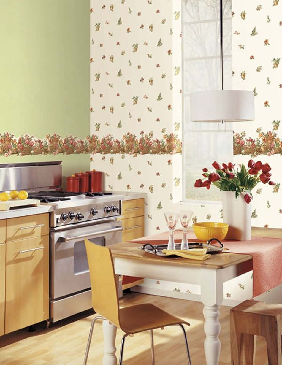 floral wallpaper border, wooden table, red tulips, SD Phone Wallpaper