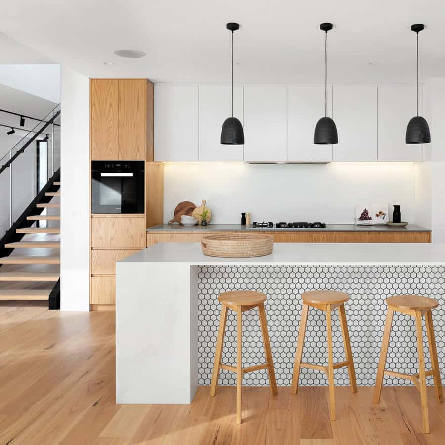 modern kitchen, white cabinetry, wooden floors, SD Desktop Wallpaper