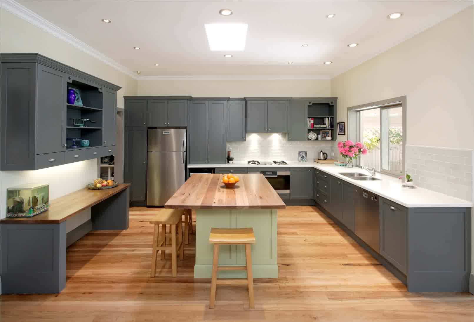 modern kitchen, grey cabinets, white countertops, HD Desktop Wallpaper