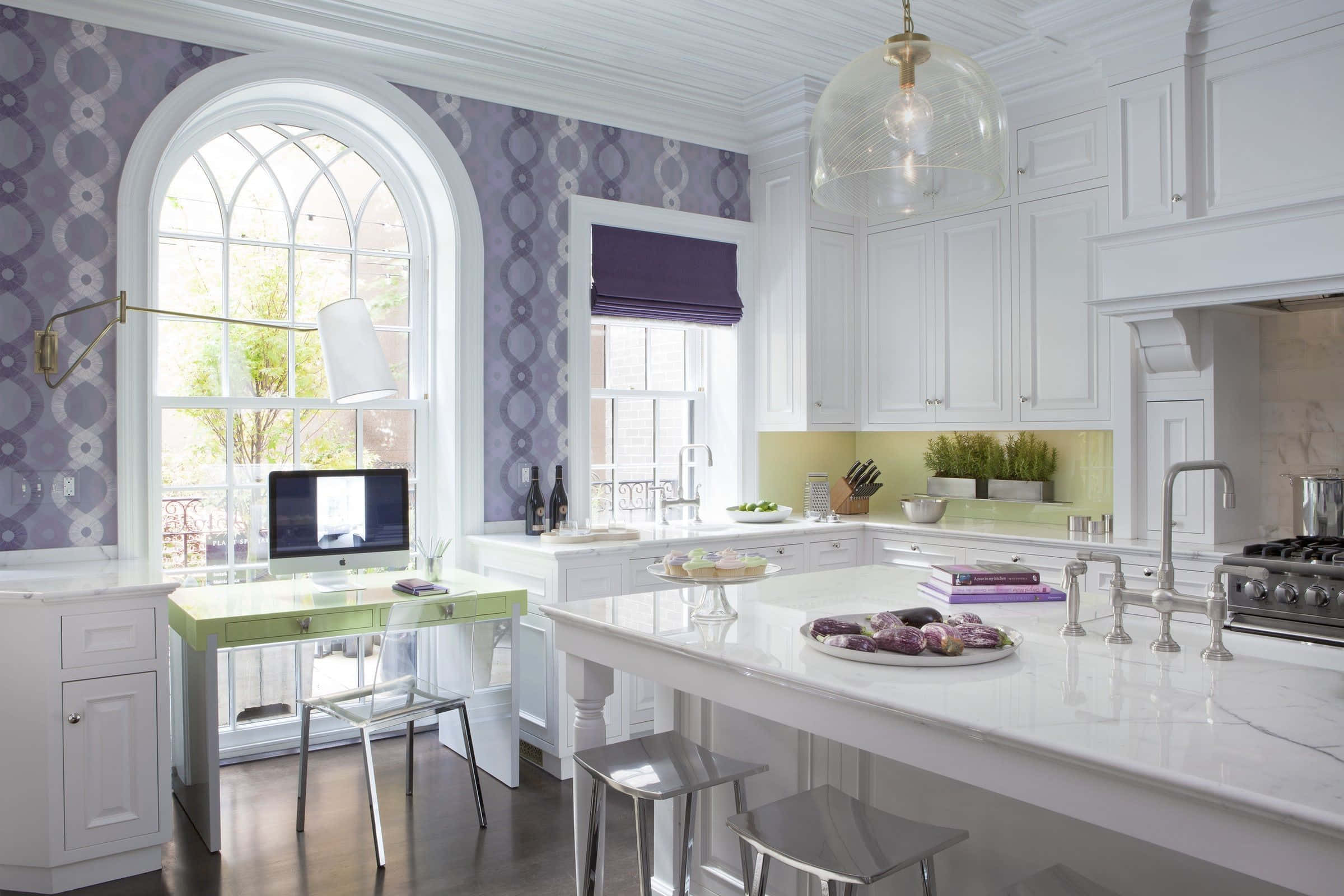 white cabinetry, purple patterned wallpaper, glass-topped desk, Full HD Desktop Wallpaper
