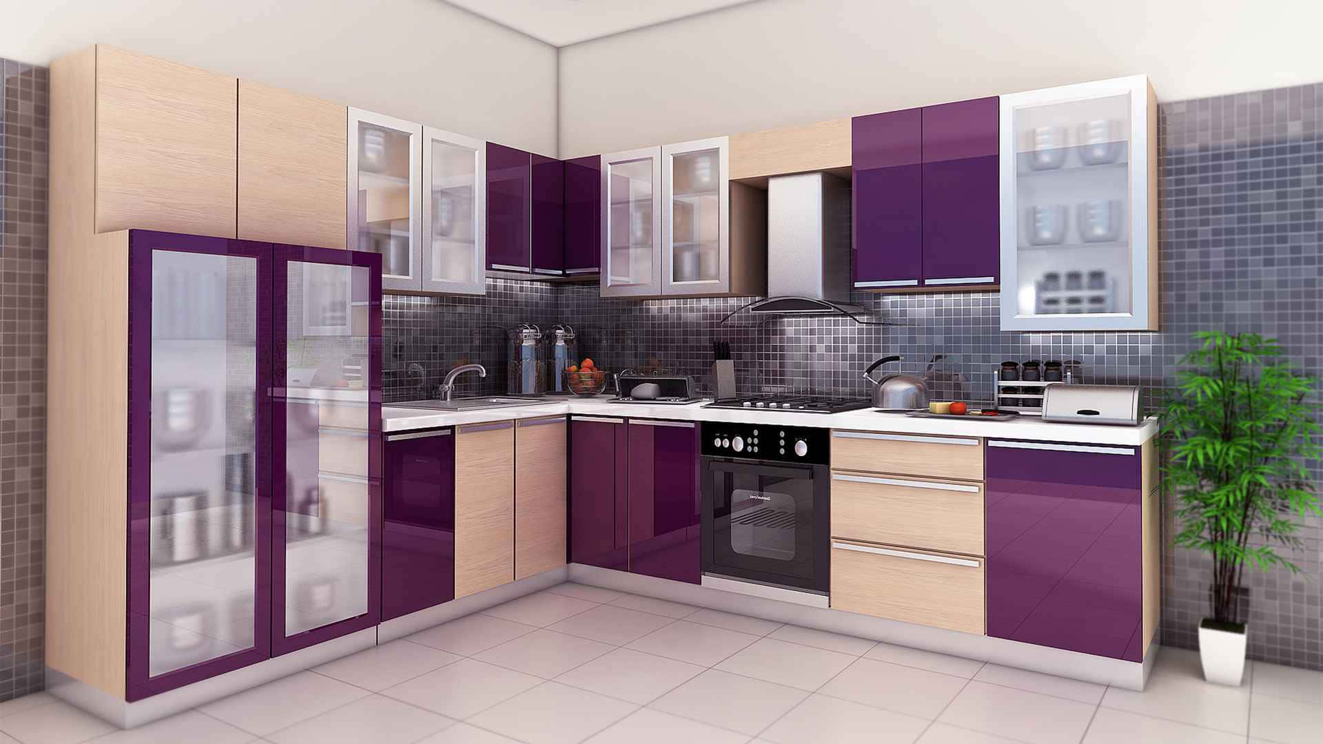 modern kitchen, glossy purple cabinets, light wood cabinets, Full HD Desktop Wallpaper