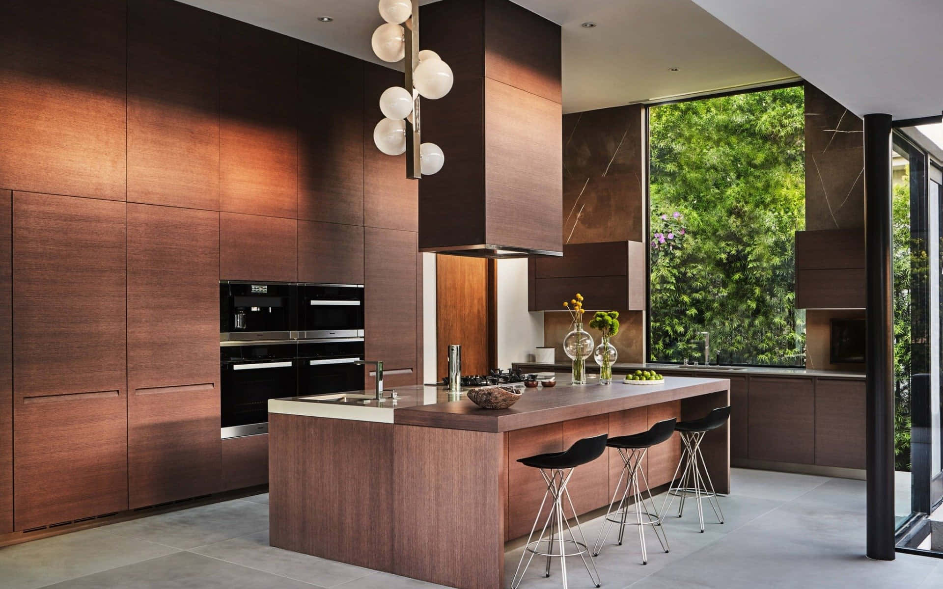 modern kitchen, wooden cabinets, central island, Full HD Desktop Wallpaper