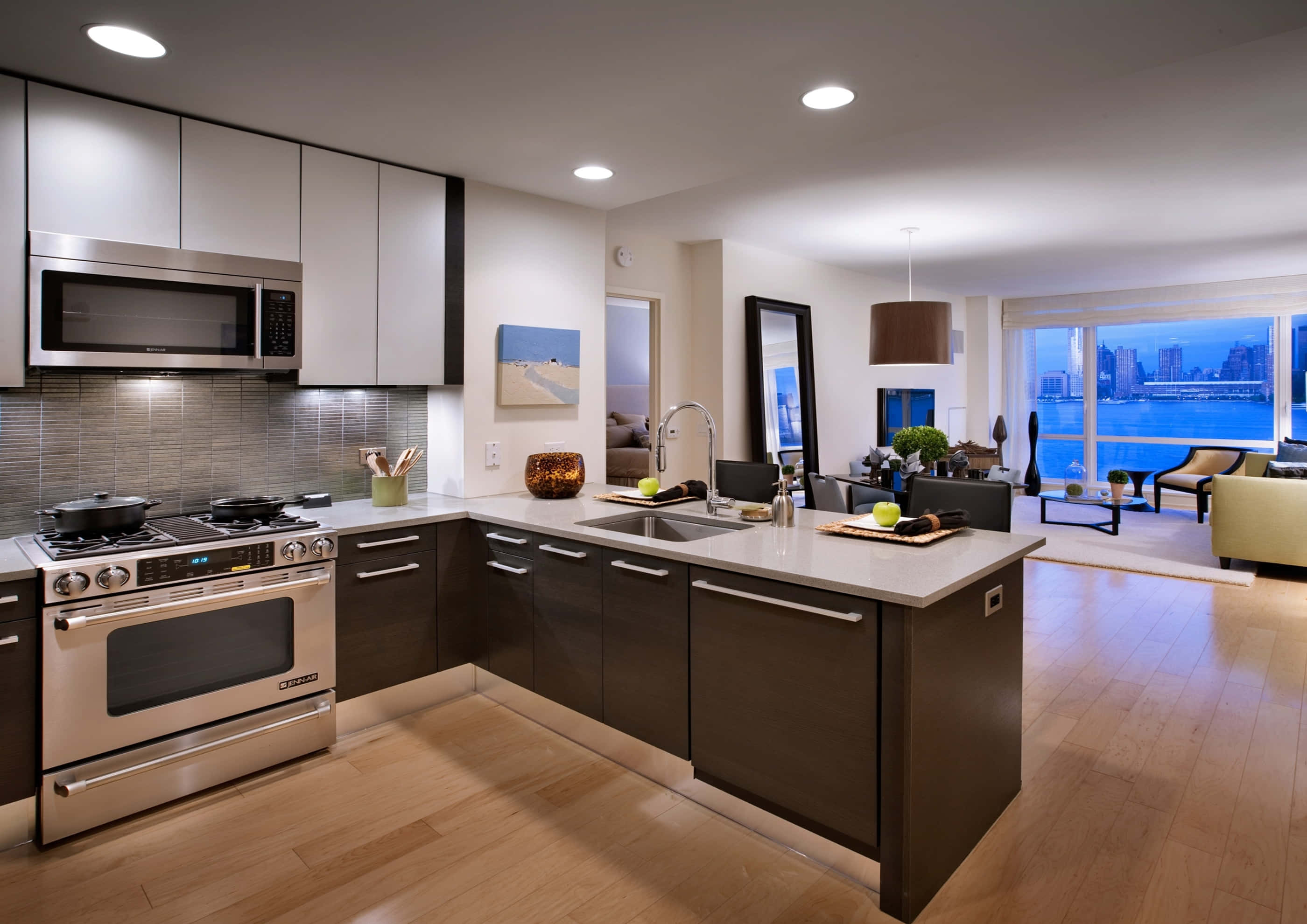 stainless steel appliances, dark cabinets, large windows, 2K Desktop Wallpaper