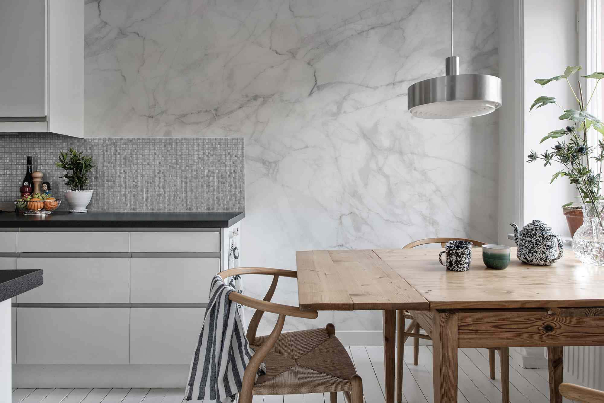 modern kitchen, marble walls, wooden table, Full HD Desktop Wallpaper
