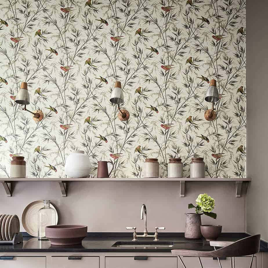 white sink, botanical wallpaper, birds, SD Desktop Wallpaper