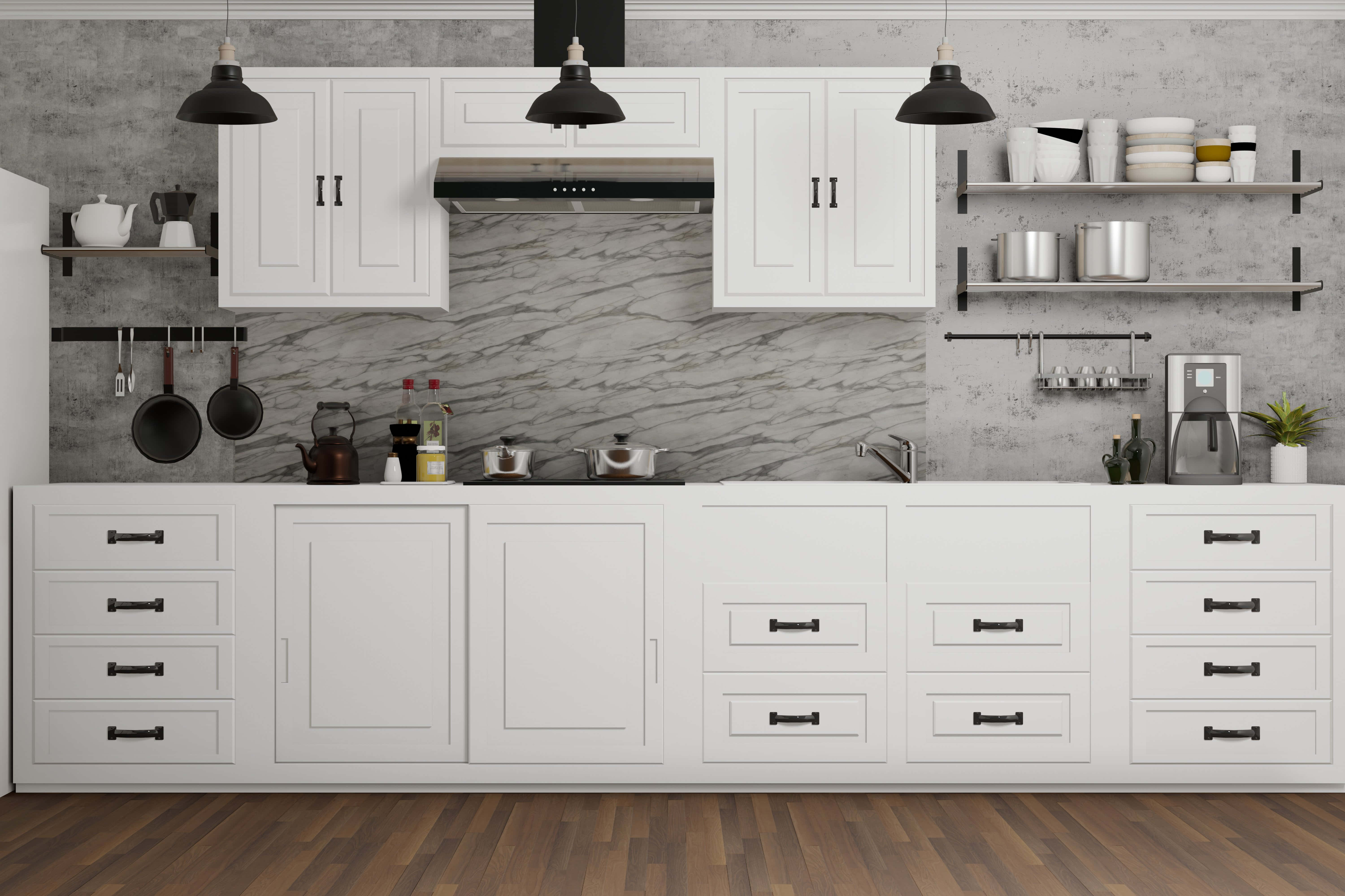 white kitchen, wood floors, gray marble backsplash, 5K Desktop Wallpaper