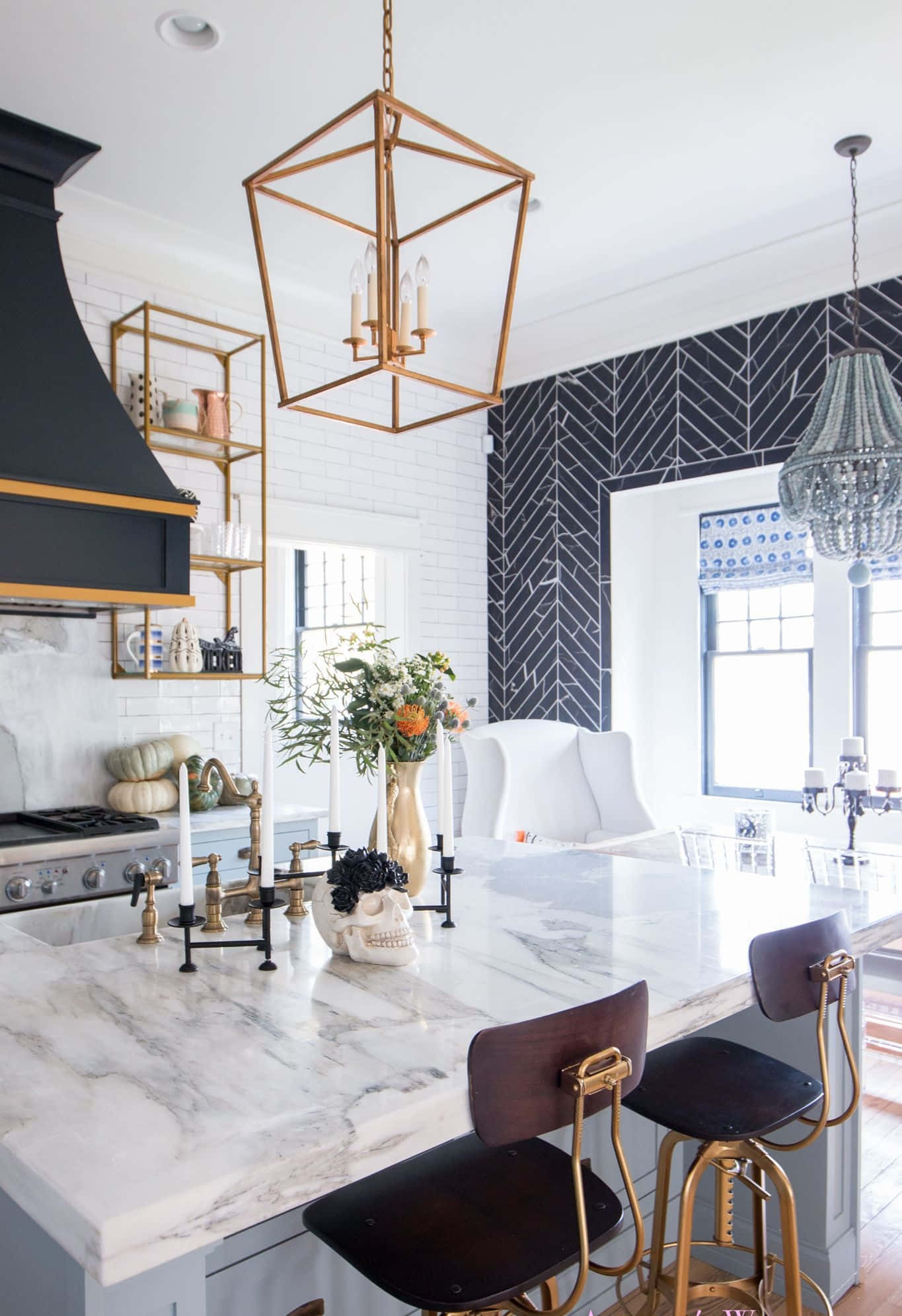 modern kitchen, white marble countertops, gold pendant lights, Full HD Phone Wallpaper